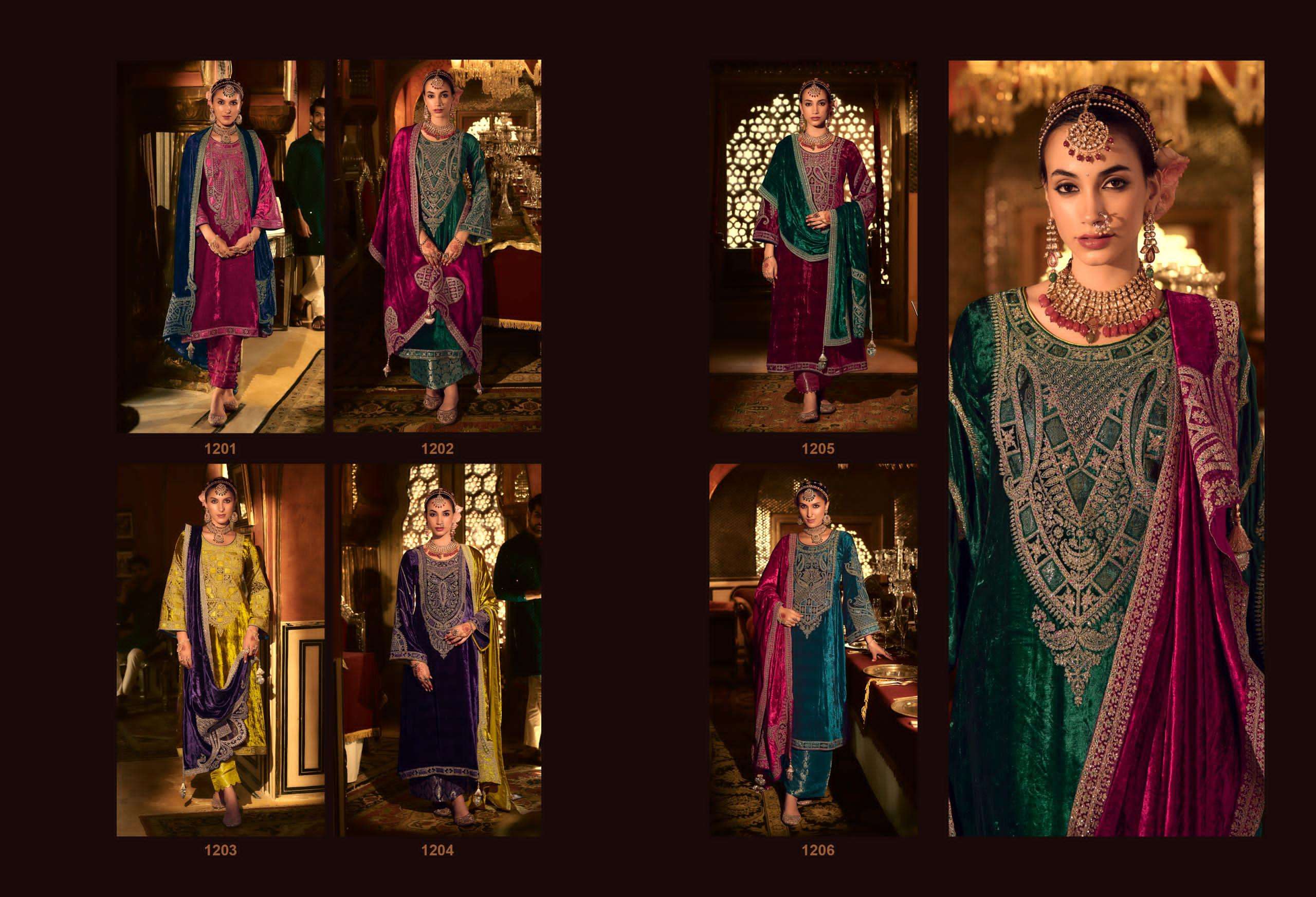 kuch khaas vol-12 by kuch khass 1201-1206 series pure viscose velvet heavy salwar suits latest catalogue design 2024