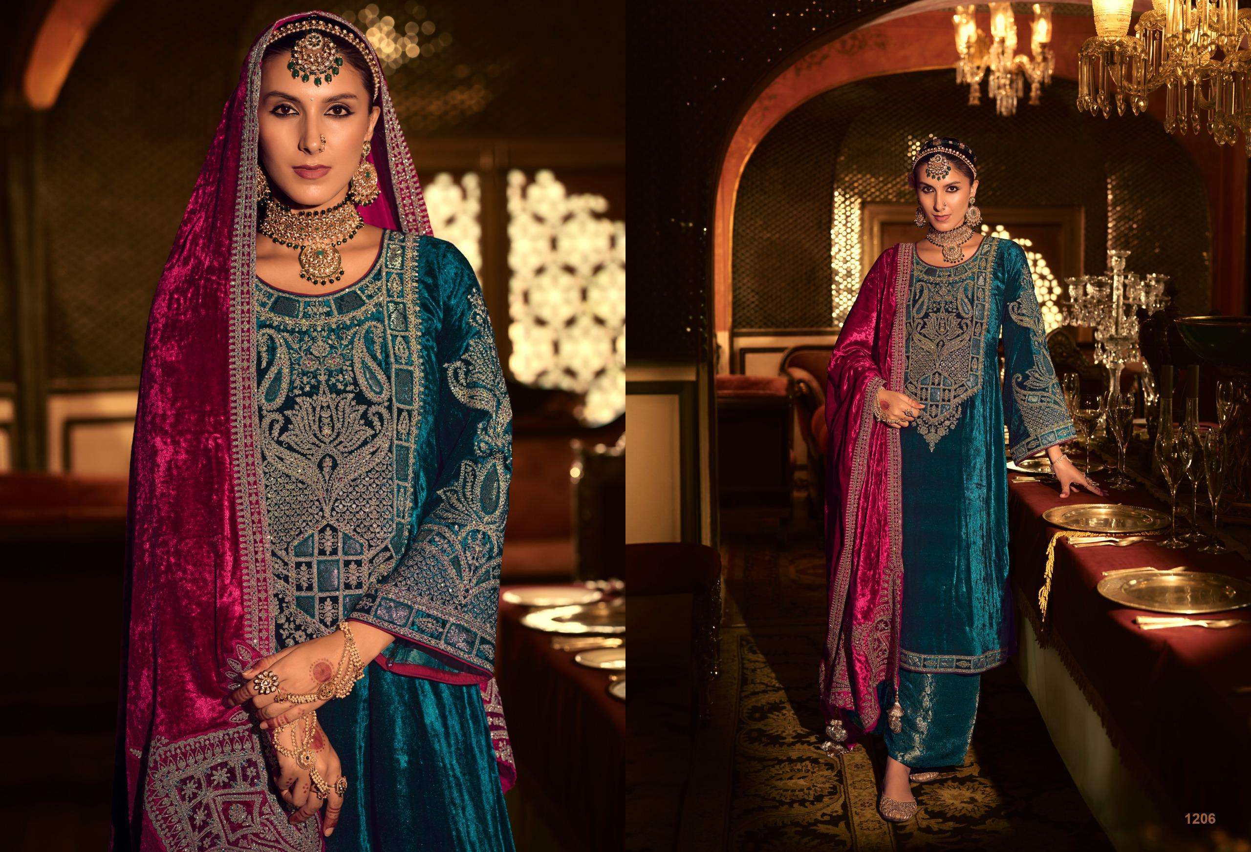 kuch khaas vol-12 by kuch khass 1201-1206 series pure viscose velvet heavy salwar suits latest catalogue design 2024