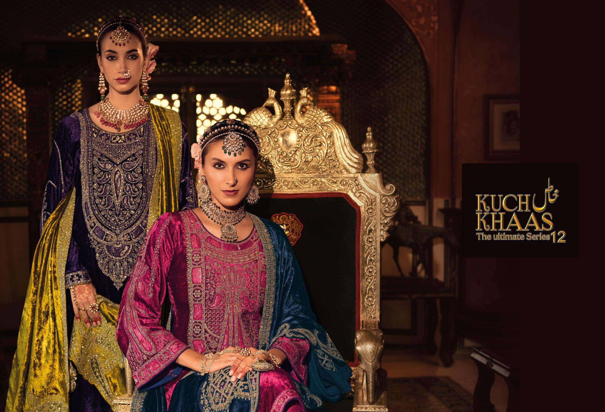 kuch khaas vol-12 by kuch khass 1201-1206 series pure viscose velvet heavy salwar suits latest catalogue design 2024