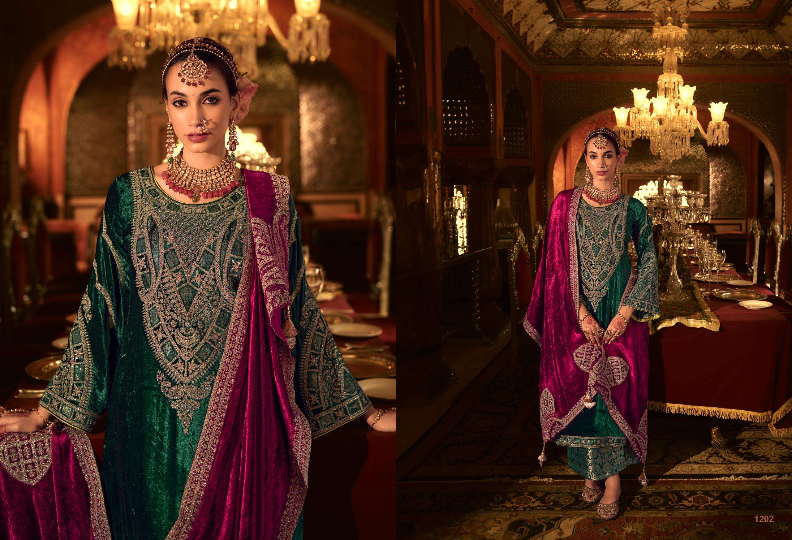 kuch khaas vol-12 by kuch khass 1201-1206 series pure viscose velvet heavy salwar suits latest catalogue design 2024