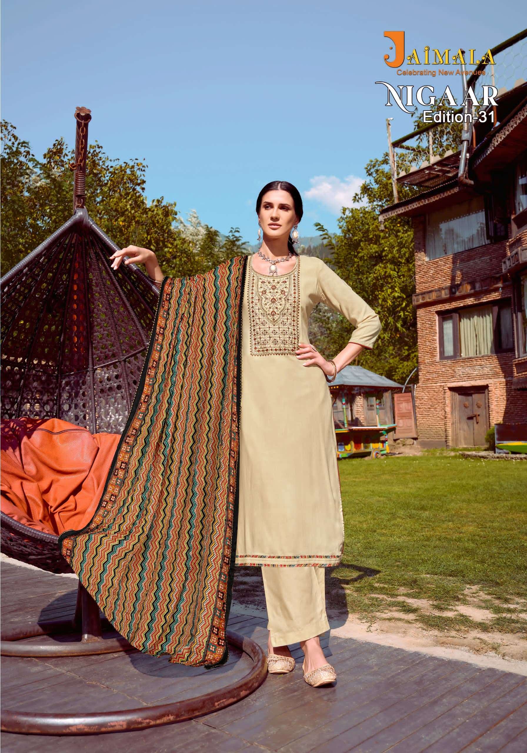 nigaar edition vol-31 by jaimala fancy designer unstich salwar kameez catalogue wholesale price surat 