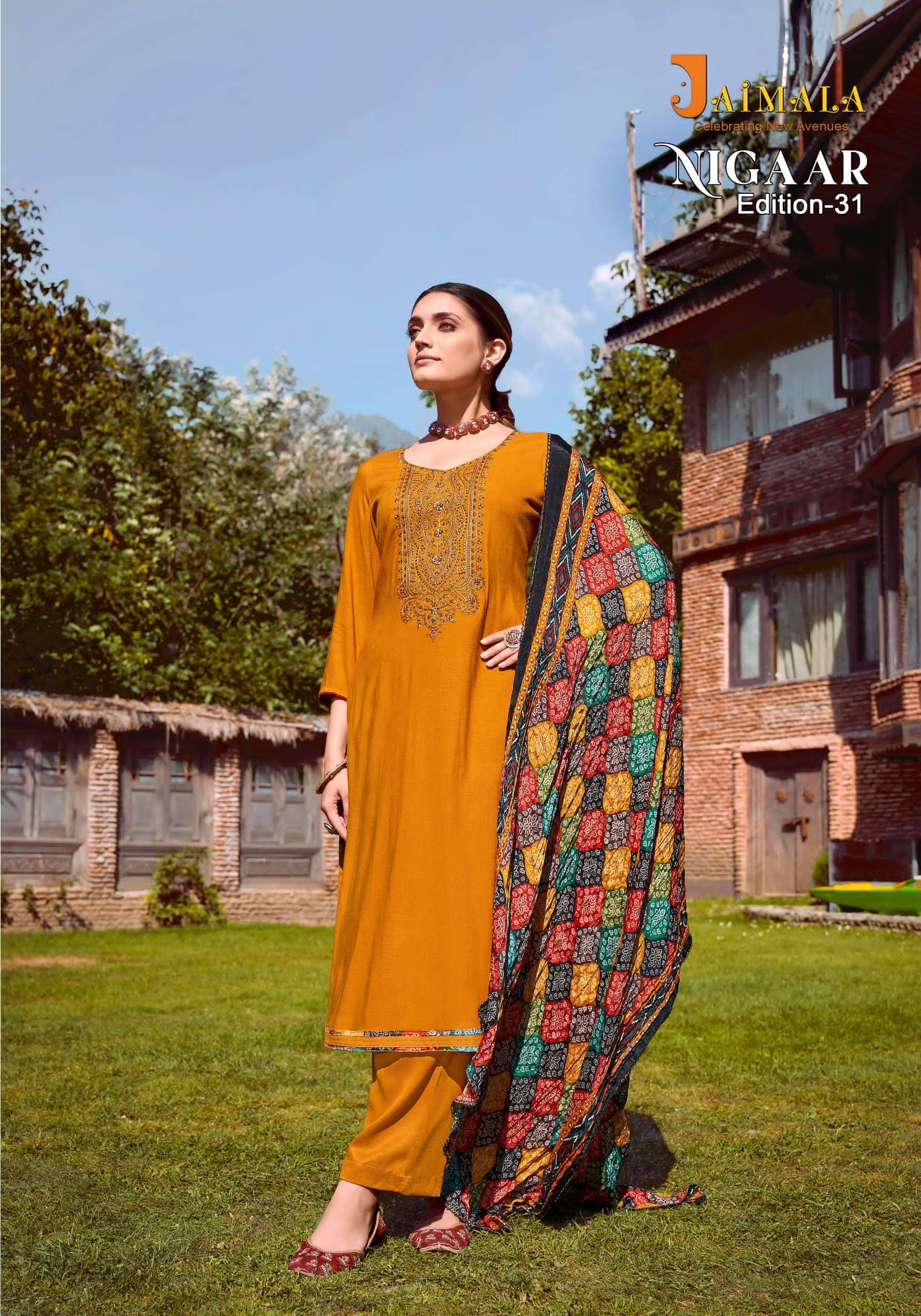 nigaar edition vol-31 by jaimala fancy designer unstich salwar kameez catalogue wholesale price surat 