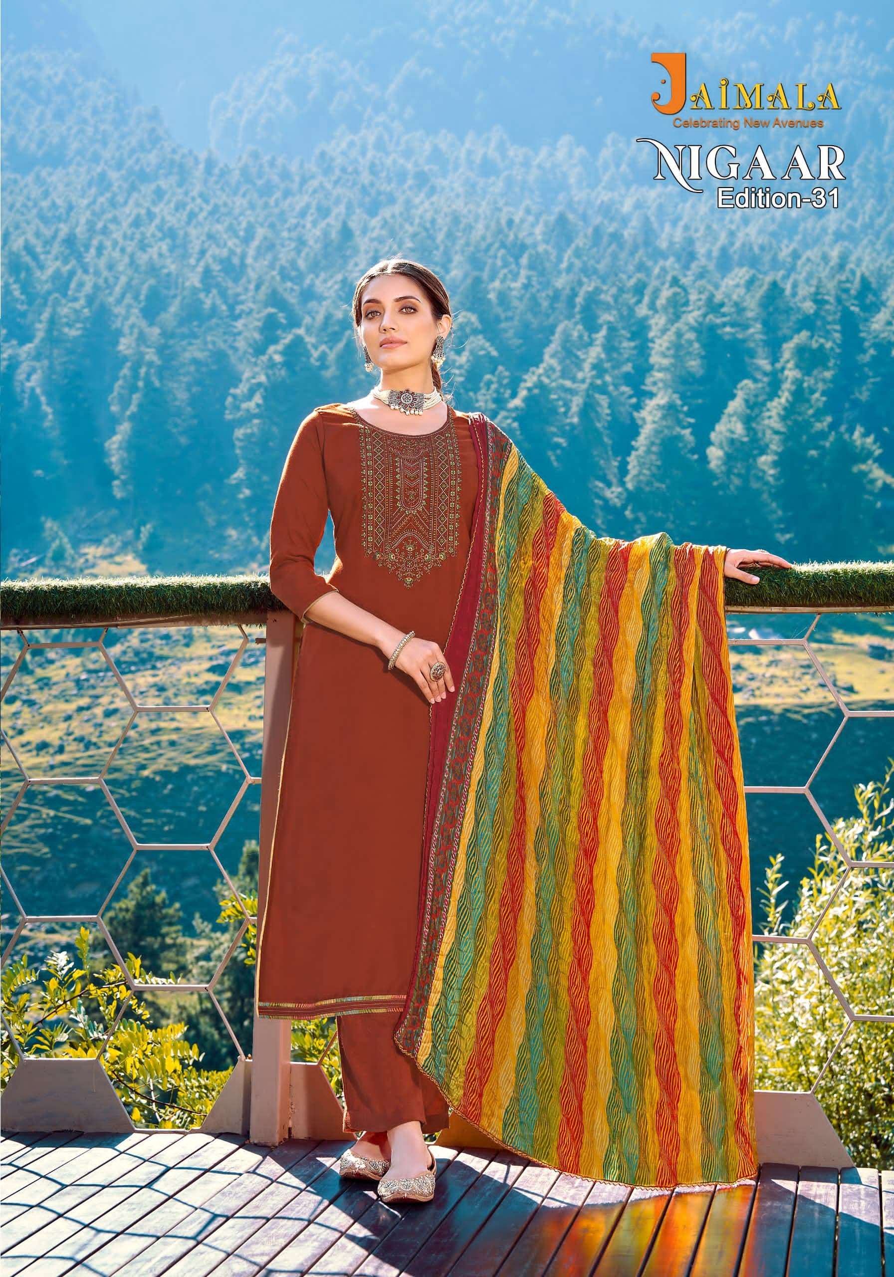 nigaar edition vol-31 by jaimala fancy designer unstich salwar kameez catalogue wholesale price surat 