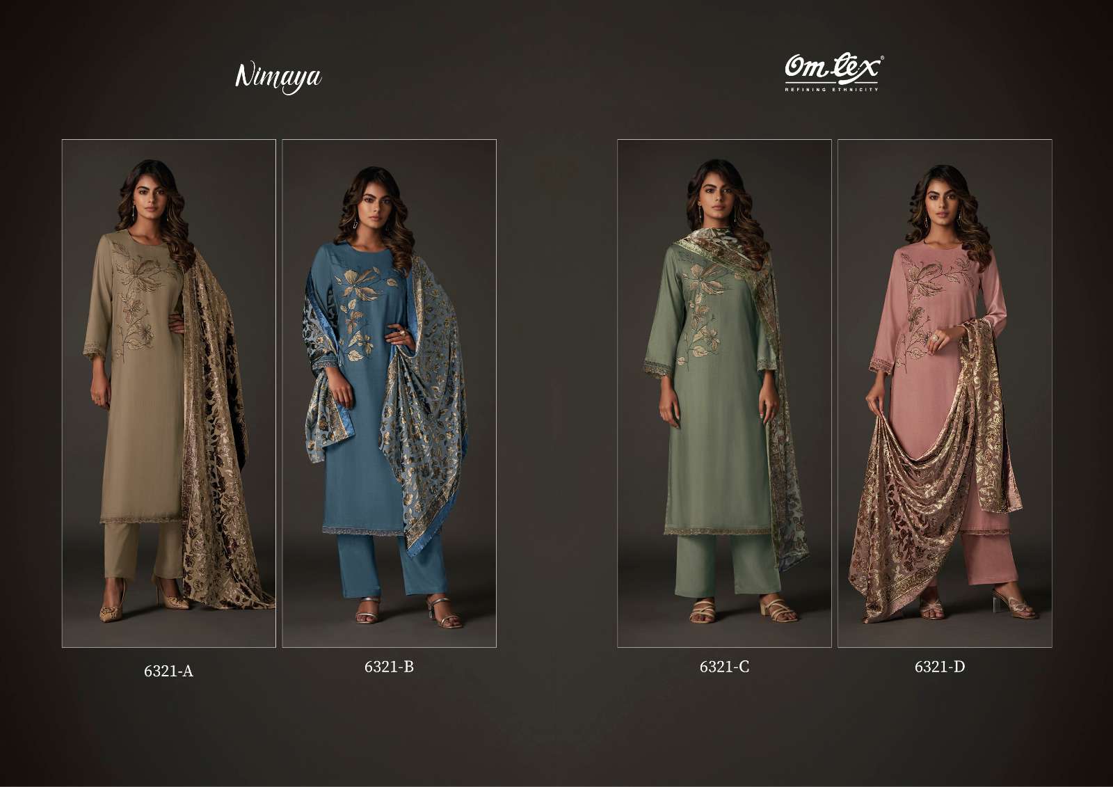 nimaya by om tex pure pashmina digital print with handwork dress material catalogue online wholesaler surat