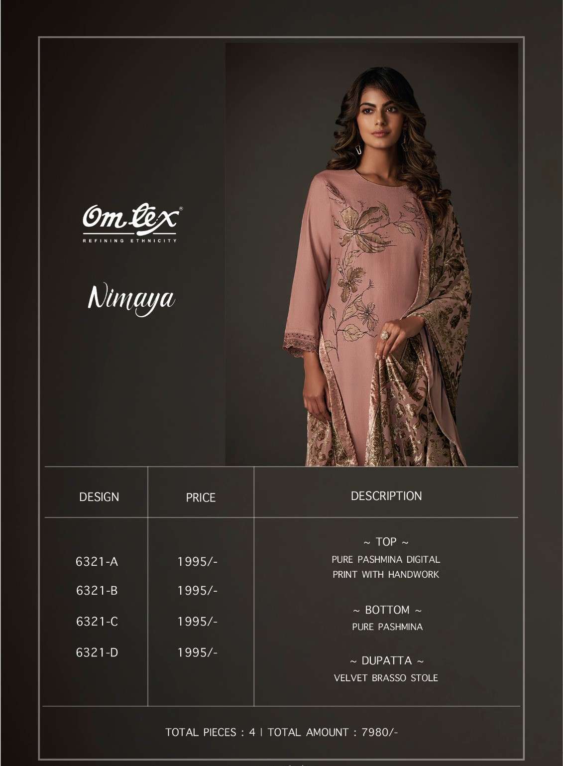 nimaya by om tex pure pashmina digital print with handwork dress material catalogue online wholesaler surat
