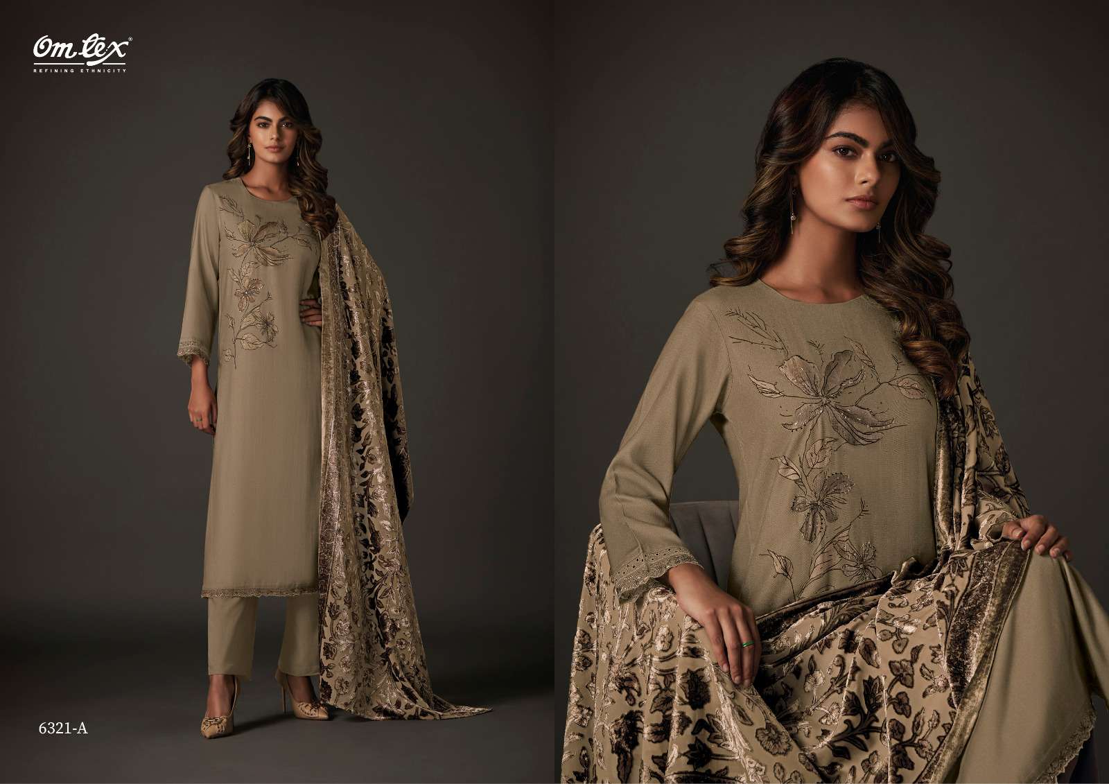 nimaya by om tex pure pashmina digital print with handwork dress material catalogue online wholesaler surat