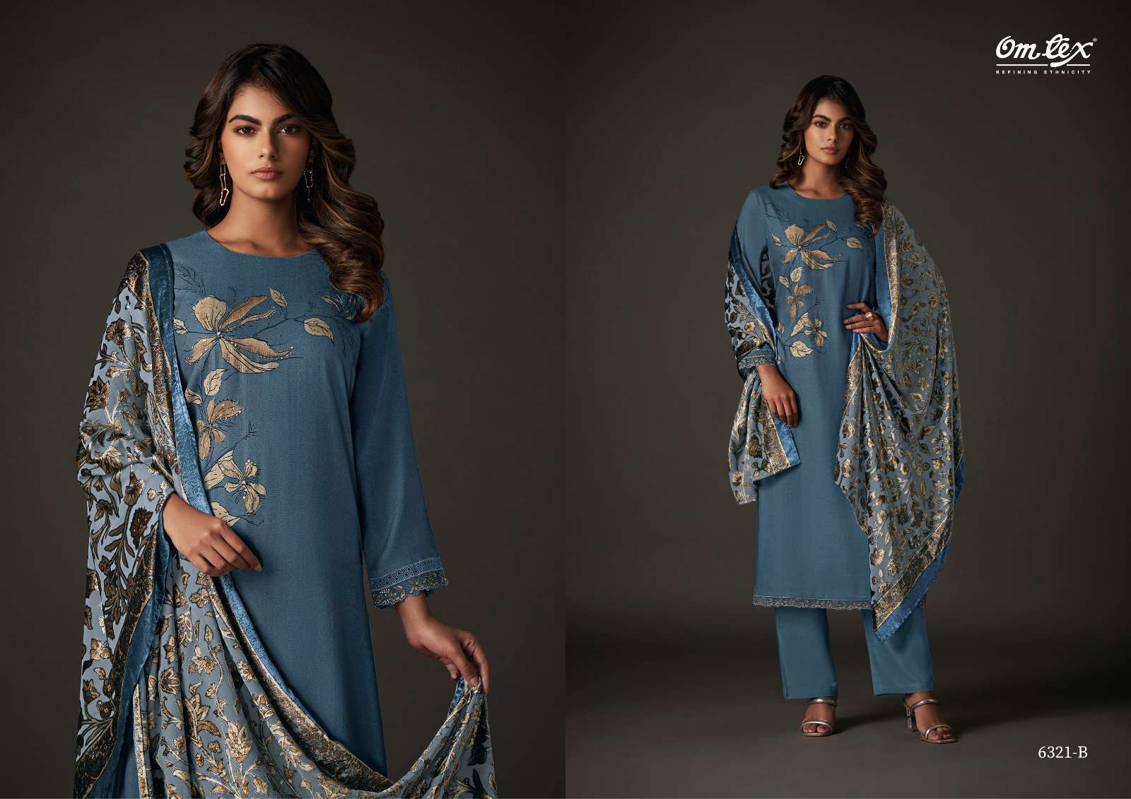 nimaya by om tex pure pashmina digital print with handwork dress material catalogue online wholesaler surat