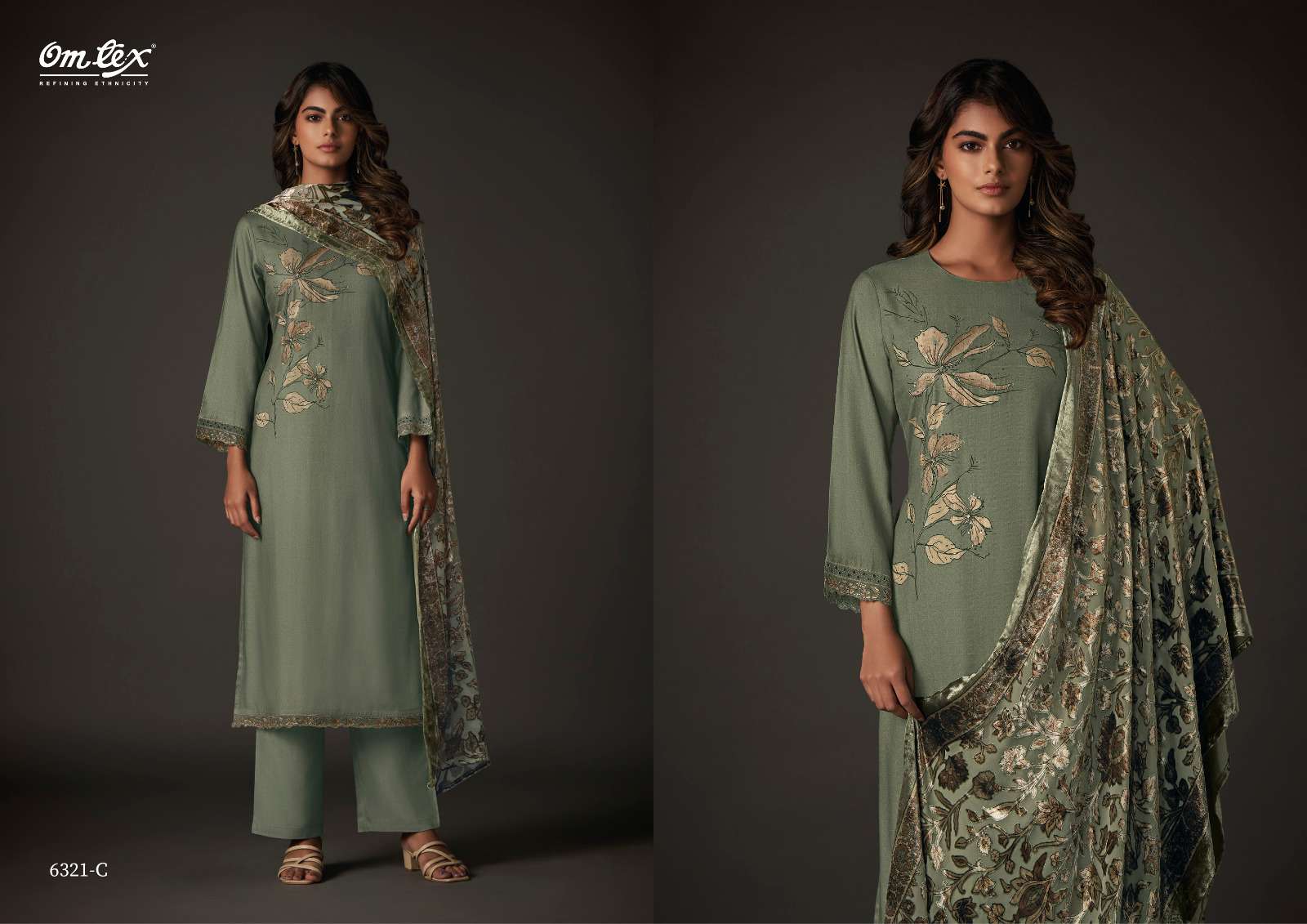 nimaya by om tex pure pashmina digital print with handwork dress material catalogue online wholesaler surat