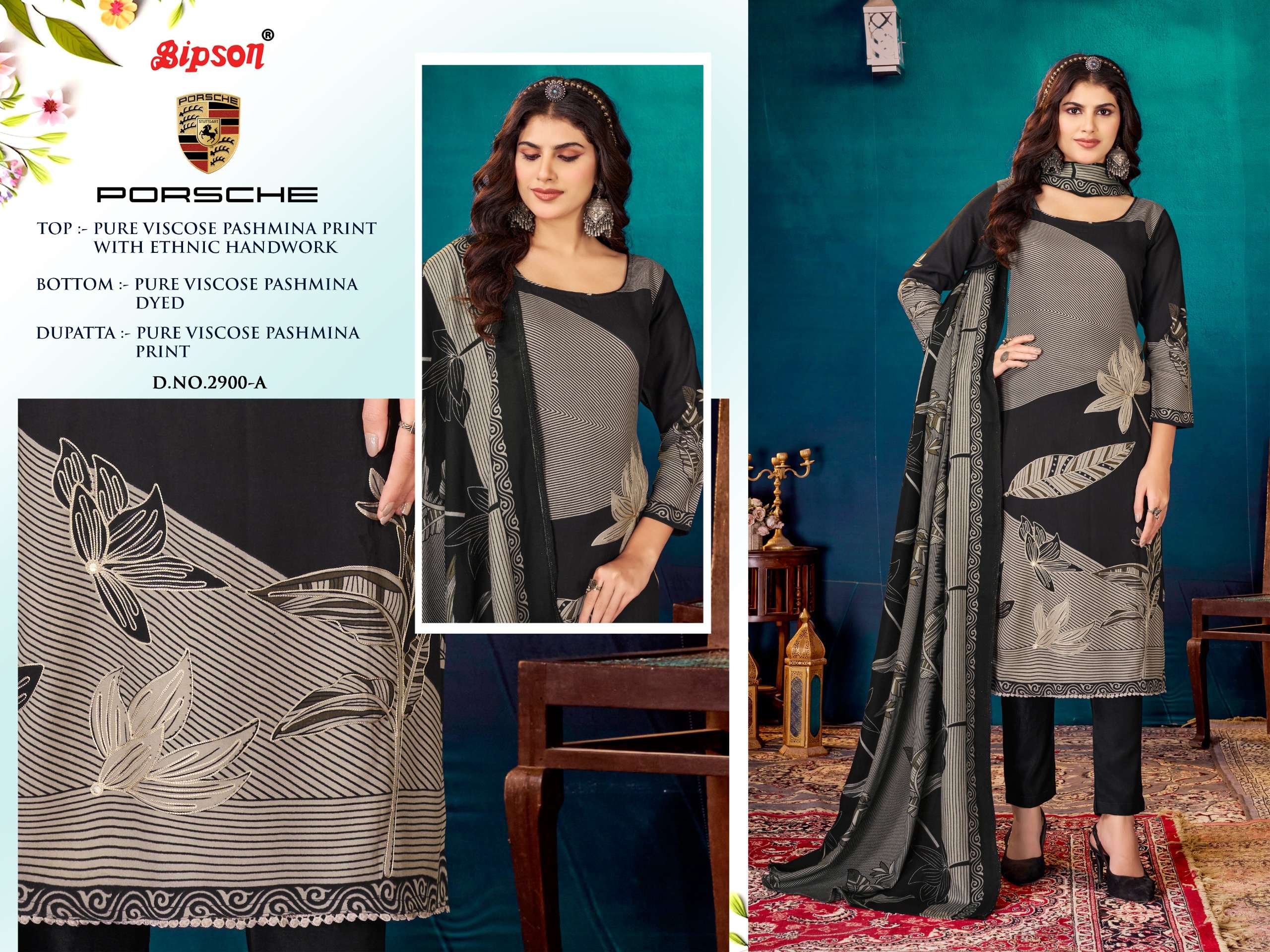 porsche 2900 series by bipson prints pure viscose pashmina salwar kameez catalogue manufacturer surat 