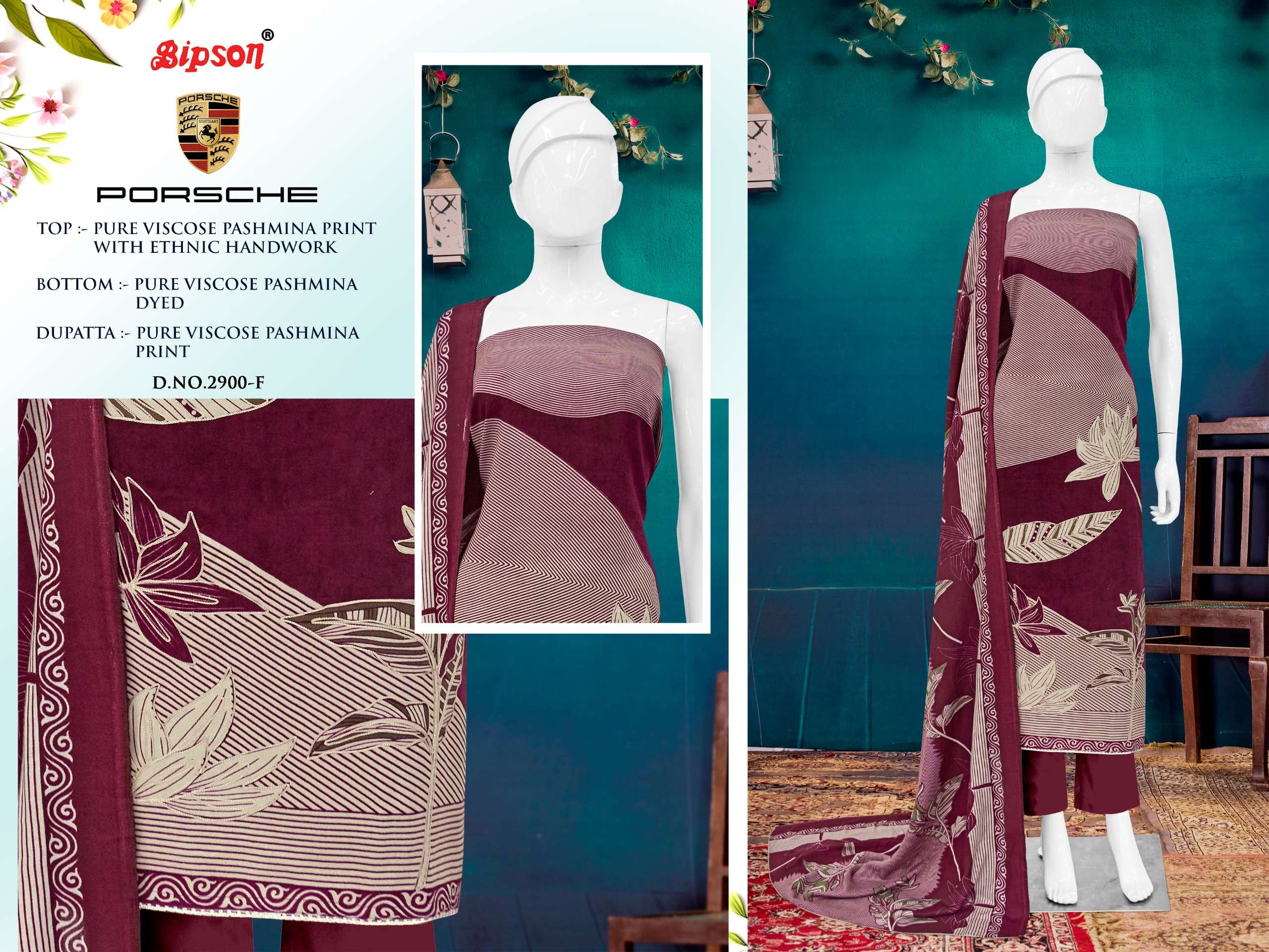 porsche 2900 series by bipson prints pure viscose pashmina salwar kameez catalogue manufacturer surat 