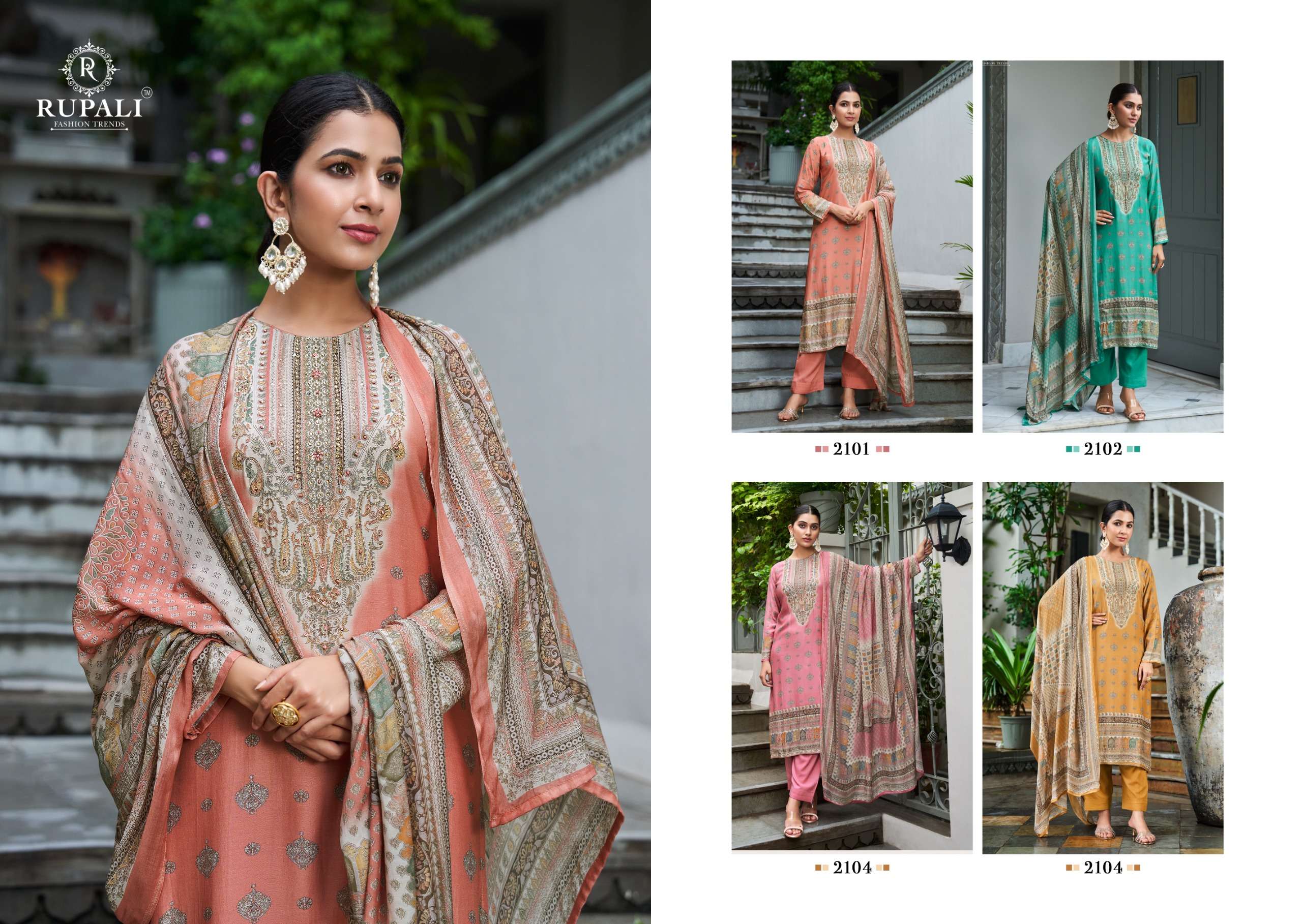 ridhima vol-2 by rupali fashion 2101-2104 series pure viscose pashmina salwar suits latest catalogue design 2024