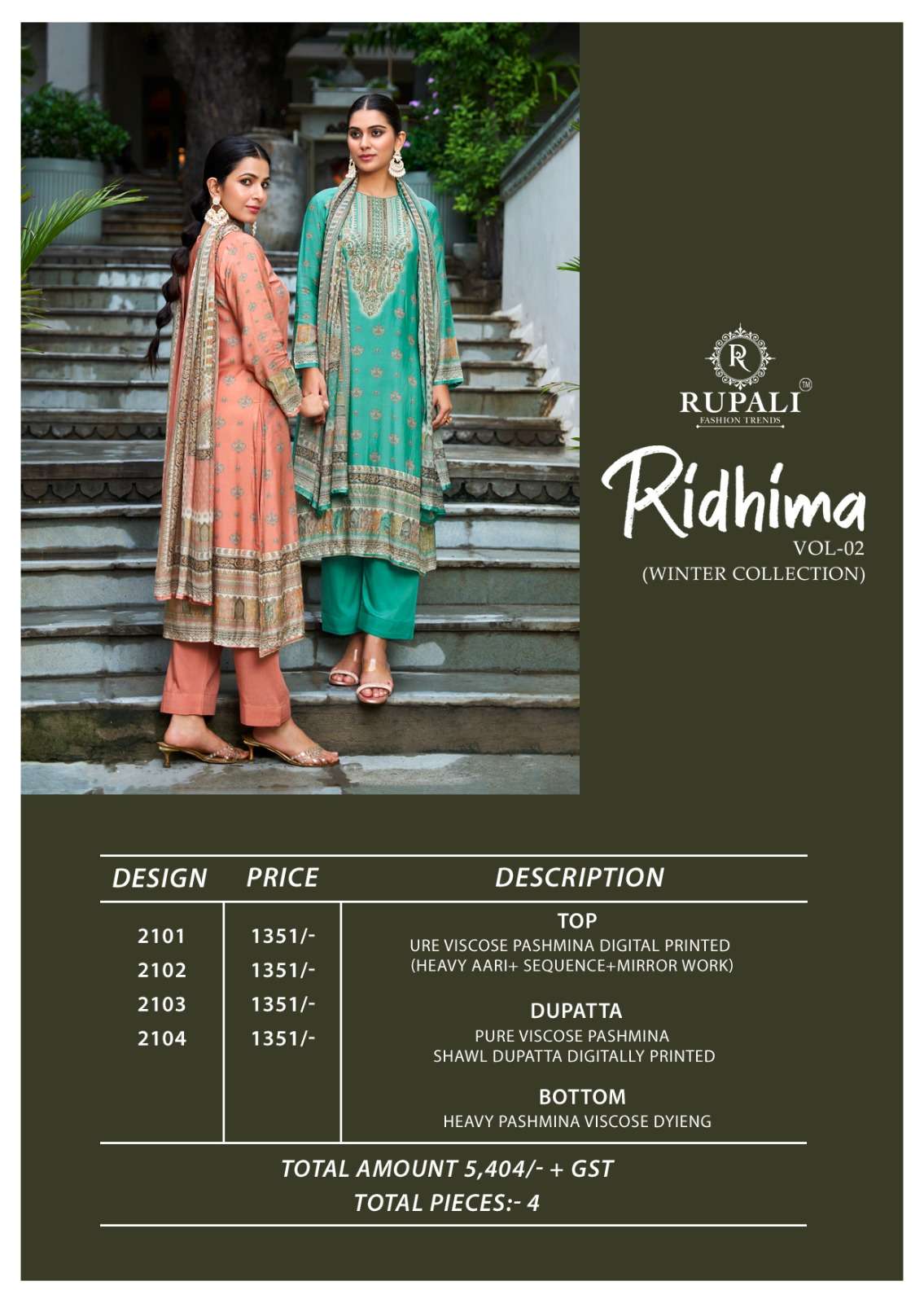 ridhima vol-2 by rupali fashion 2101-2104 series pure viscose pashmina salwar suits latest catalogue design 2024