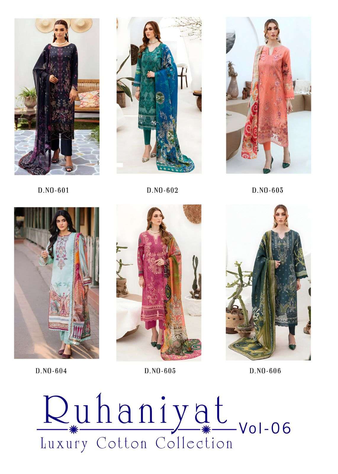 ruhaniyat vol-6 by pratham fashion 601-606 series fancy designer cotton dress material catalogue surat 