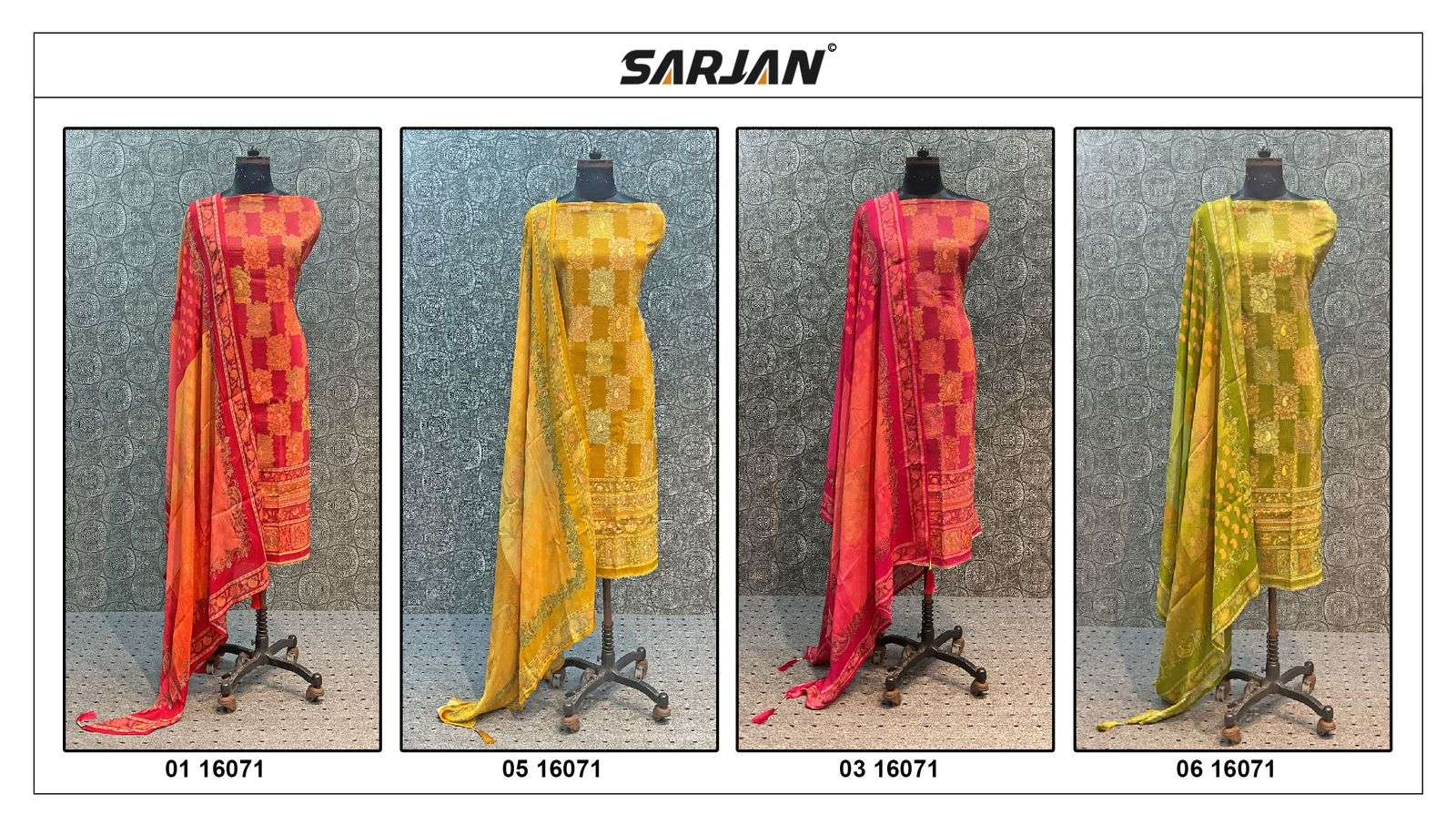 sarjan 16071 series exclusive designer unstich salwar suits catalogue wholesale dealer surat 