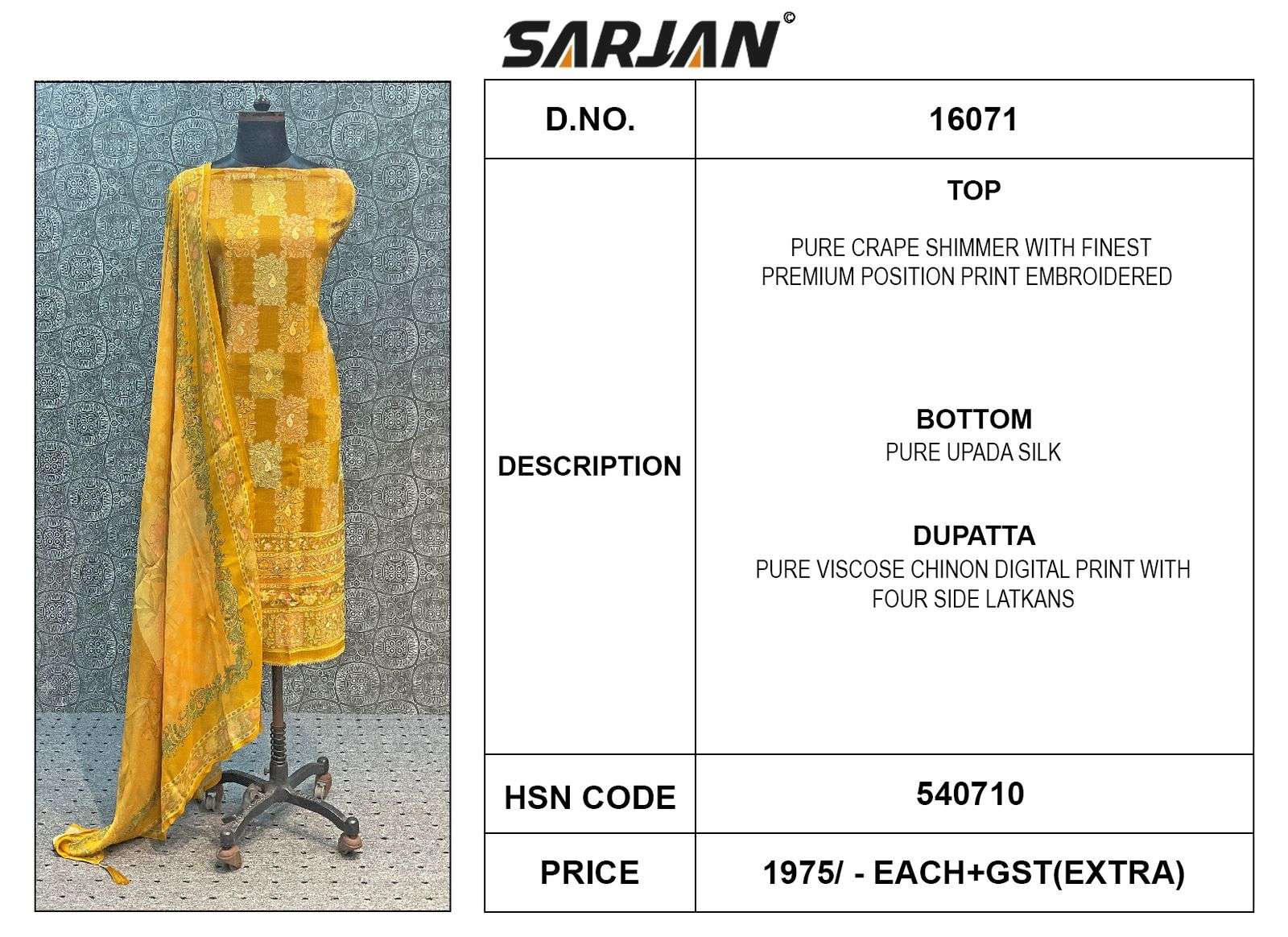 sarjan 16071 series exclusive designer unstich salwar suits catalogue wholesale dealer surat 
