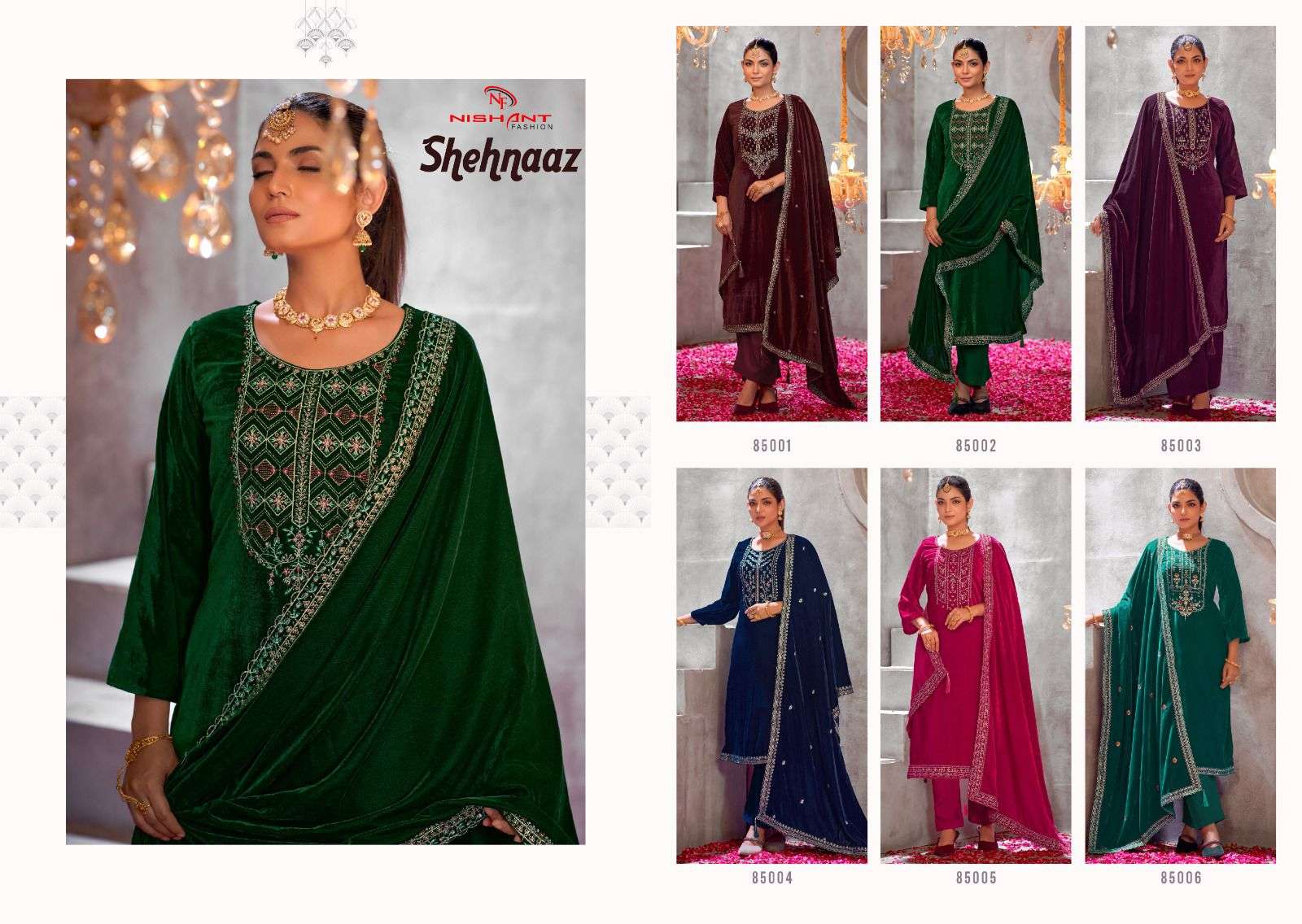 shenaaz by nishant fashion 85001-85006 series upcoming winter special pure velvet suits catalogue online surat