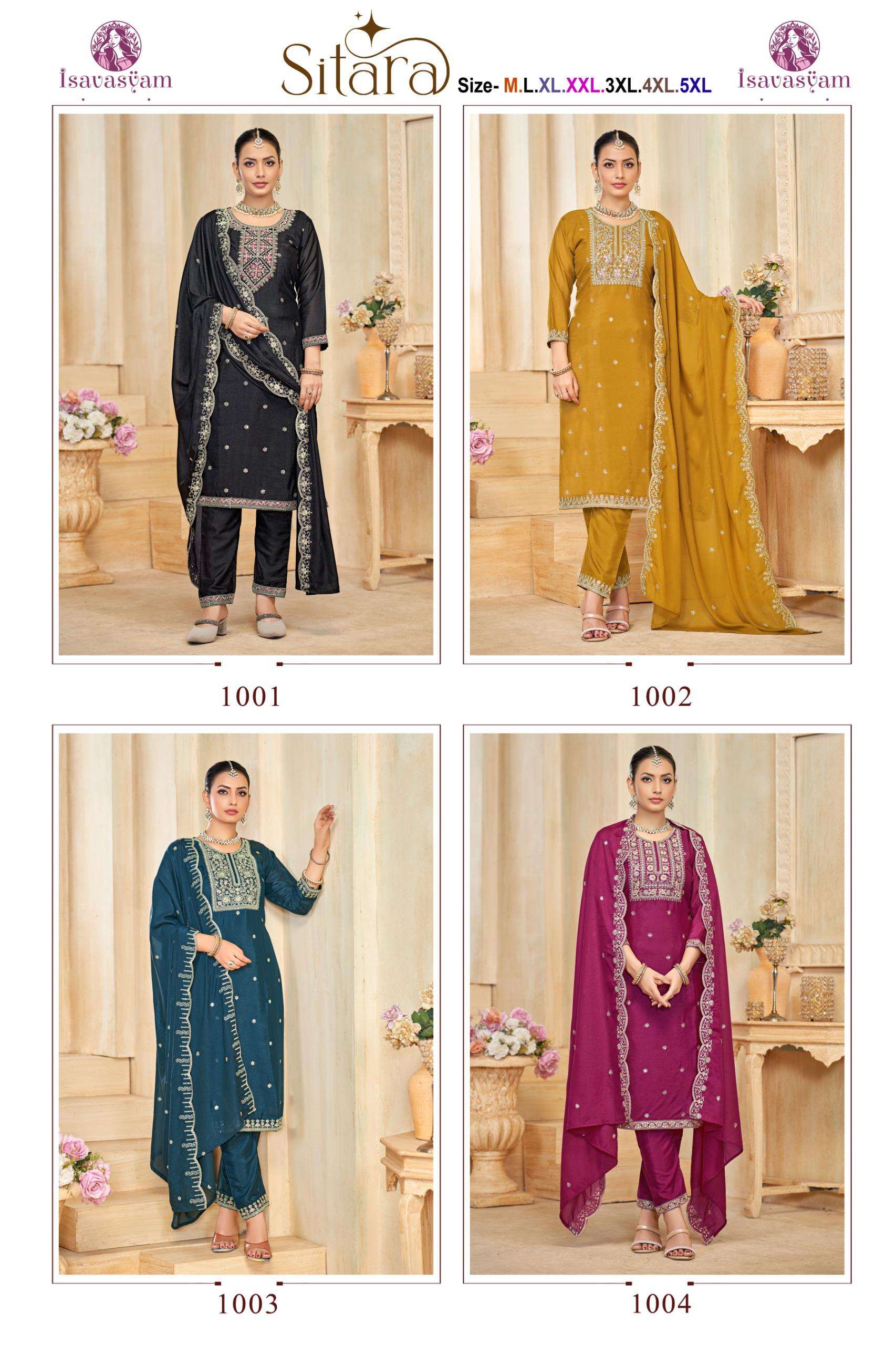 sitara by isavasyam corporation 1001-1004 series exclusive designer readymade party wear suits wholesale dealer surat
