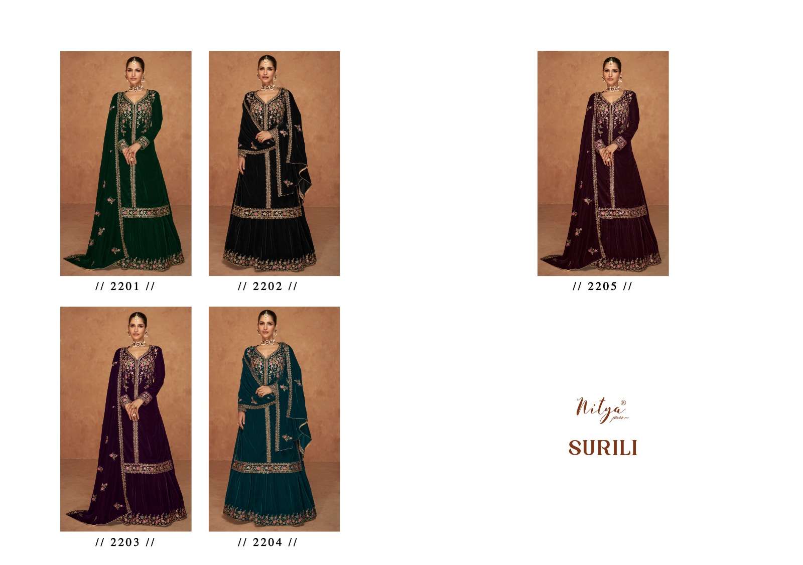 surili by lt nitya 2201-2205 series upcoming winter special designer velvet heavy suits latest catalogue collection wholesaler surat