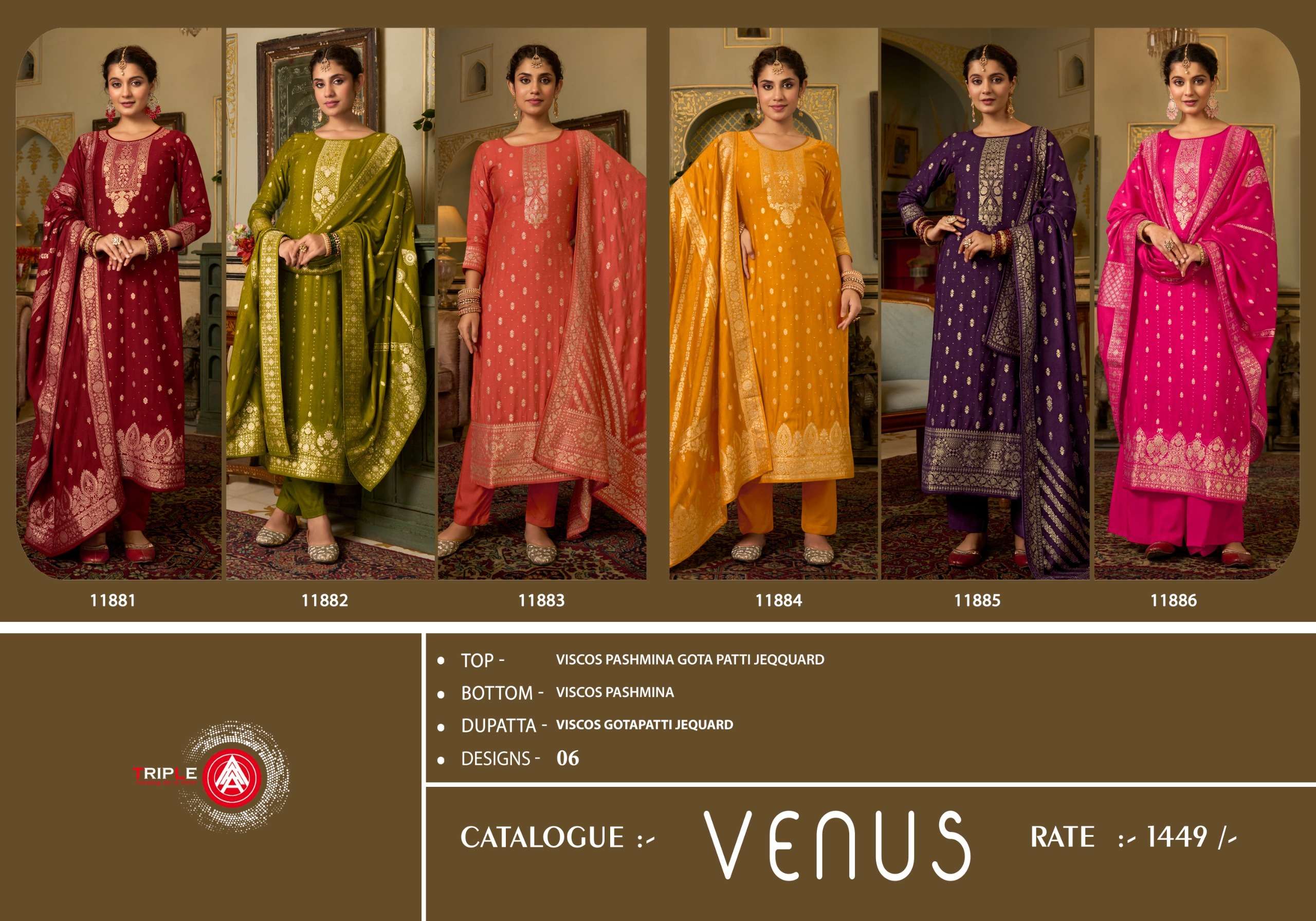 venus by triple aaa 11881-11886 series indian exclusive festive wear salwar kameez catalogue manufacturer surat 