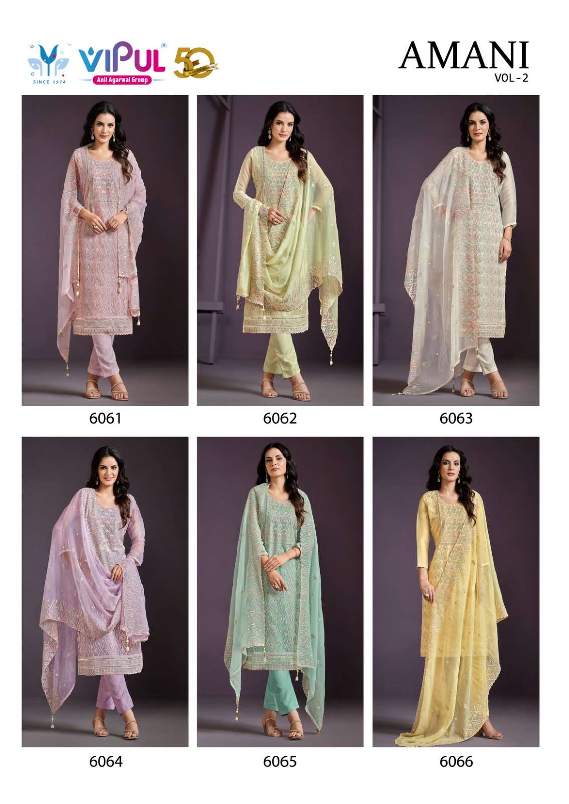 amani vol-2 by vipul fashion 6061-6066 series party wear designer salwar suits catalogue online best rate surat