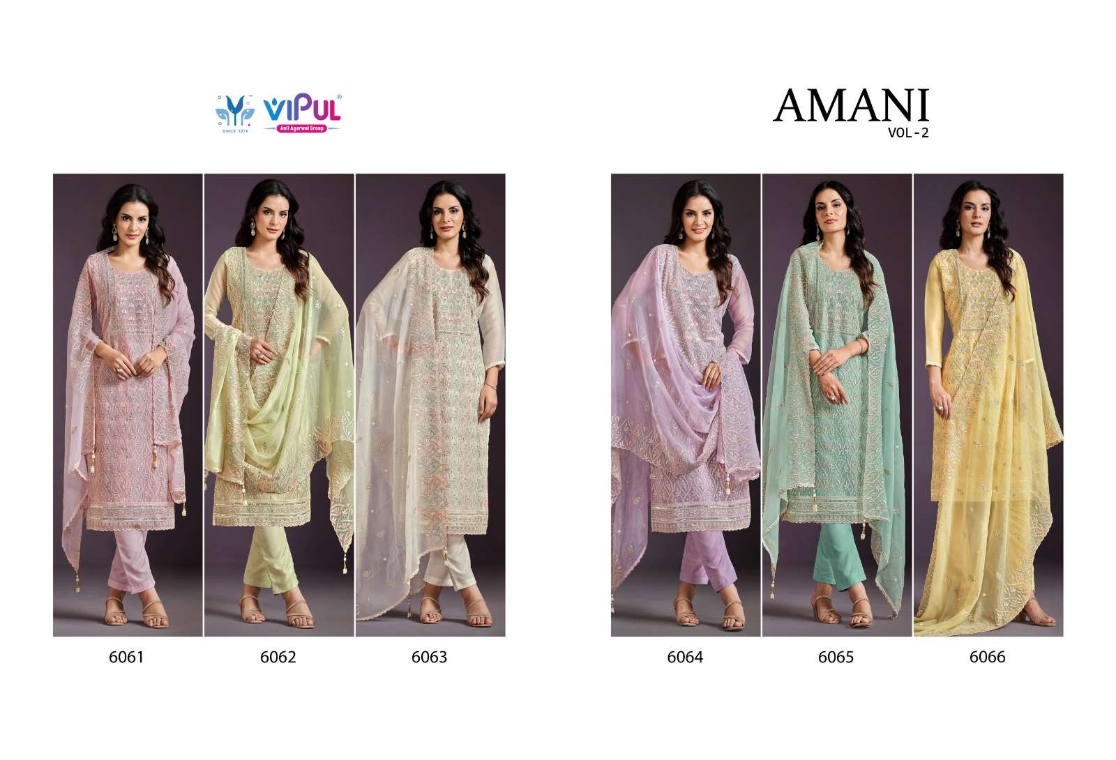 amani vol-2 by vipul fashion 6061-6066 series party wear designer salwar suits catalogue online best rate surat