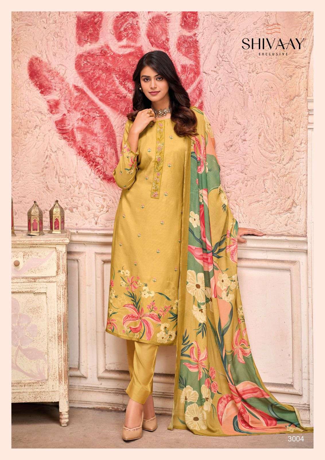 andaaz by shivaay 3001-3004 series latest designer unstich material catalogue wholesale supplier surat 