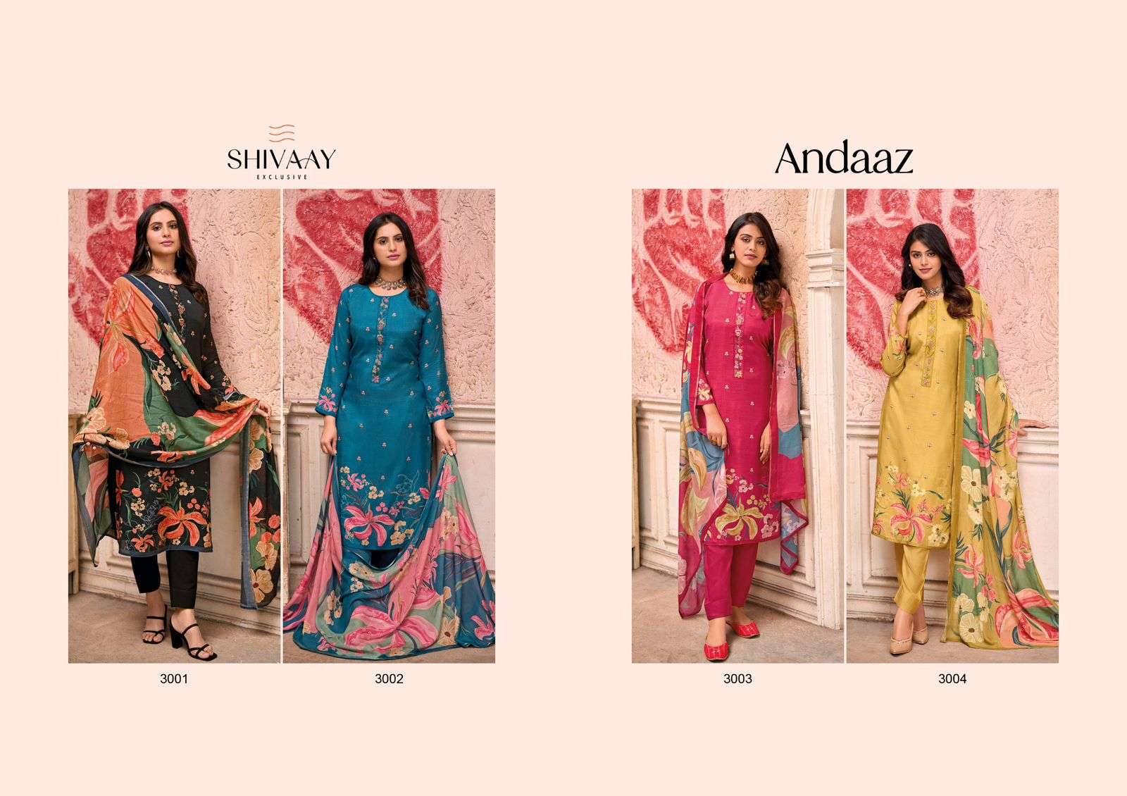 andaaz by shivaay 3001-3004 series latest designer unstich material catalogue wholesale supplier surat 