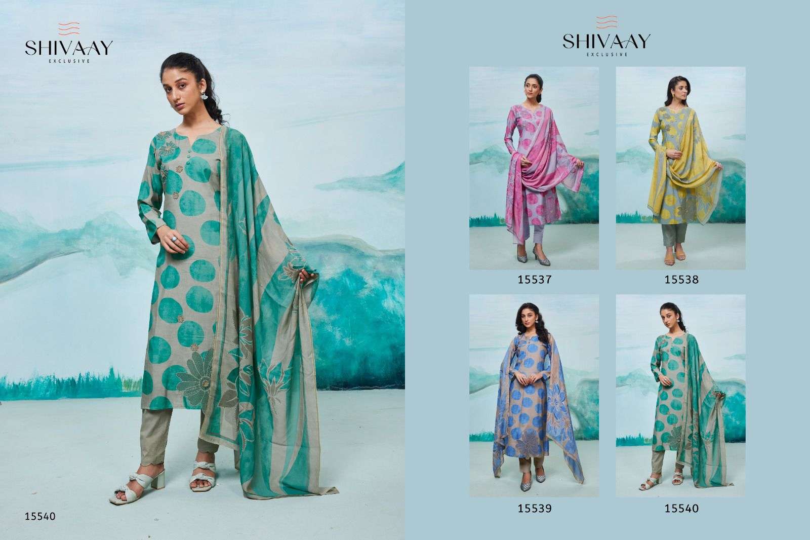 arjita by shivaay 15537-15540 series pure viscose muslin fancy work salwar suits catalogue wholesaler best rate surat