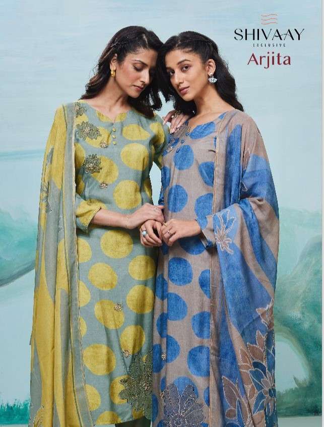 arjita by shivaay 15537-15540 series pure viscose muslin fancy work salwar suits catalogue wholesaler best rate surat