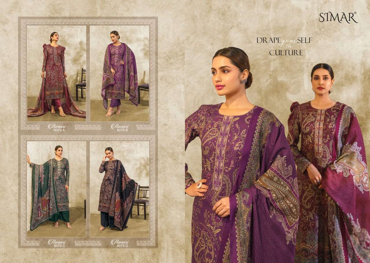 awaari by glossy 8079 series pure viscose pashmina digital print with embroidery work dress material catalogue surat