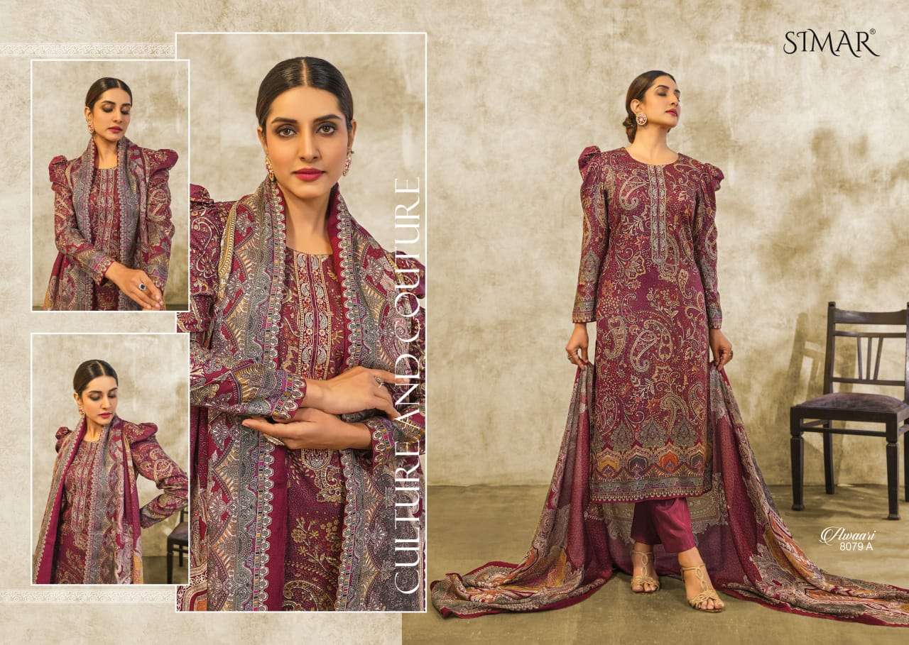 awaari by glossy 8079 series pure viscose pashmina digital print with embroidery work dress material catalogue surat