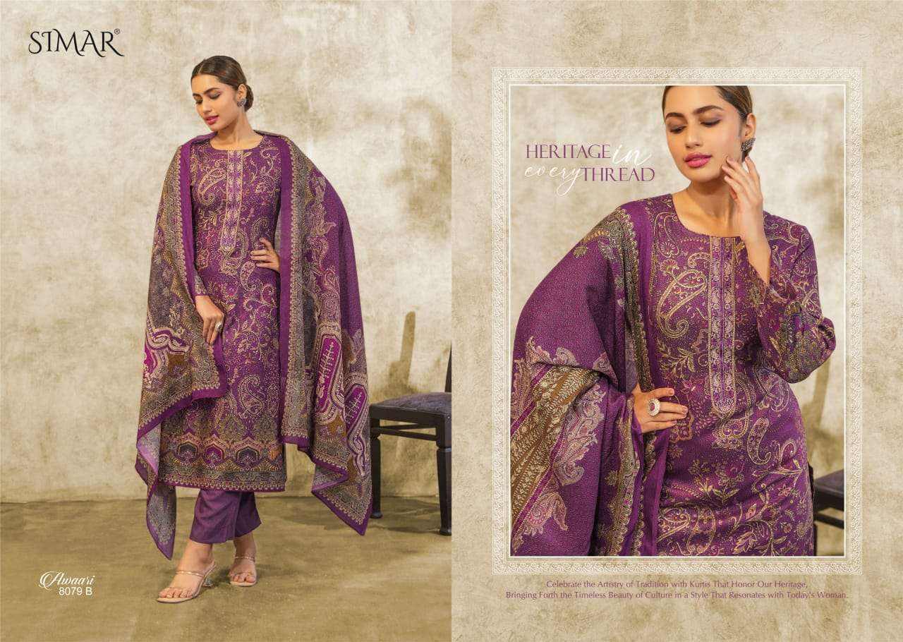 awaari by glossy 8079 series pure viscose pashmina digital print with embroidery work dress material catalogue surat