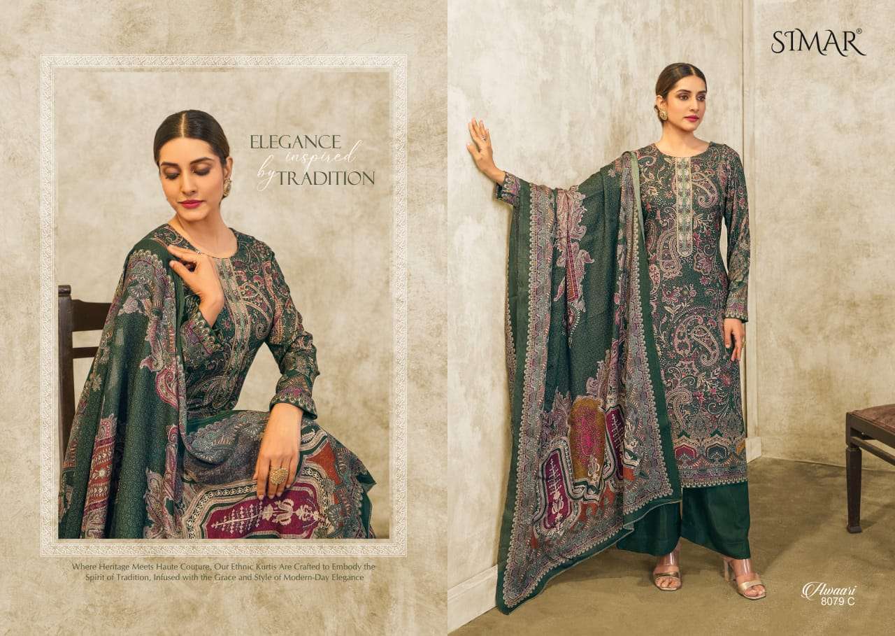awaari by glossy 8079 series pure viscose pashmina digital print with embroidery work dress material catalogue surat