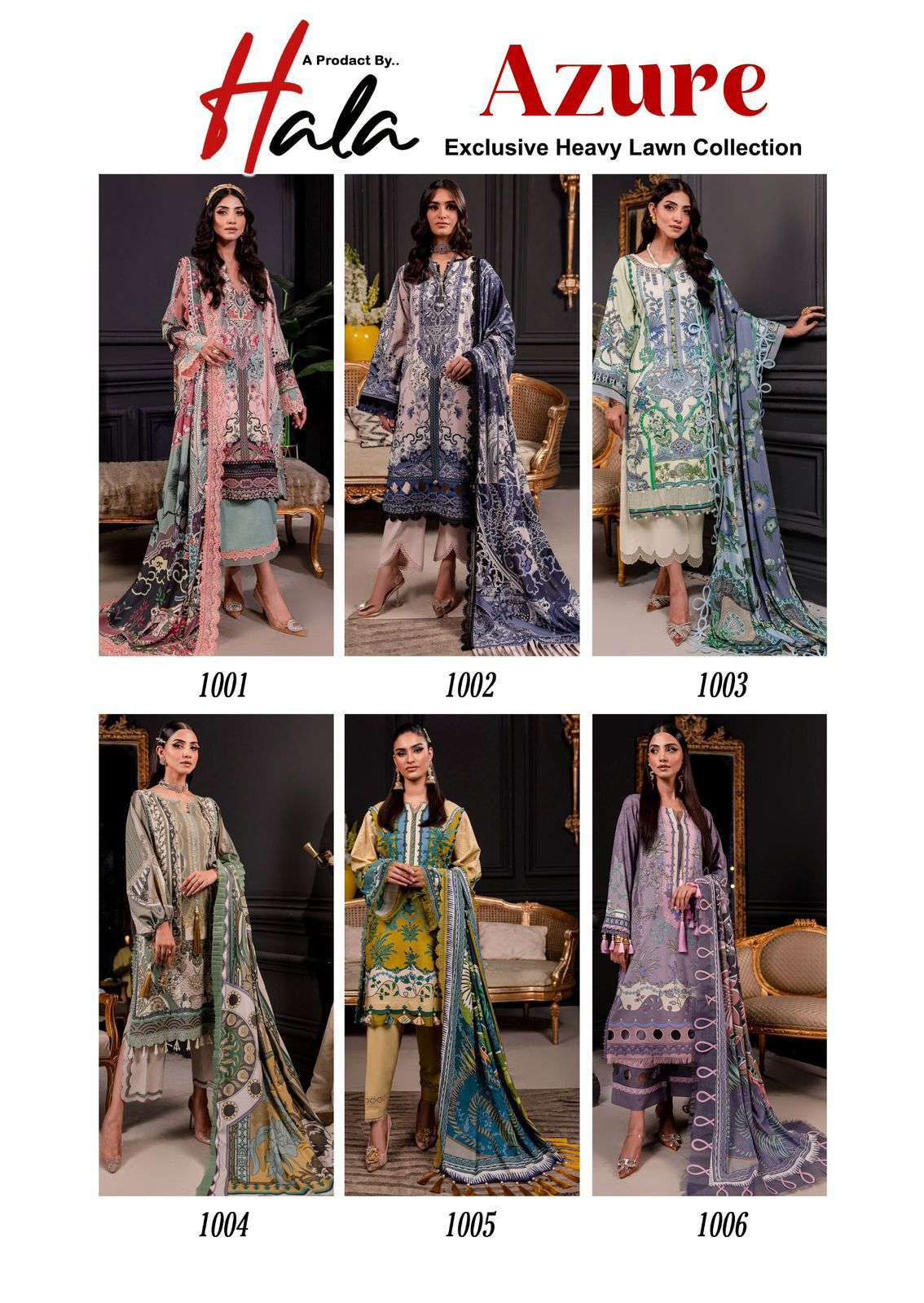 azure by hala 1001-1006 series heavy lawn cotton salwar kameez catalogue wholesale latest collection surat