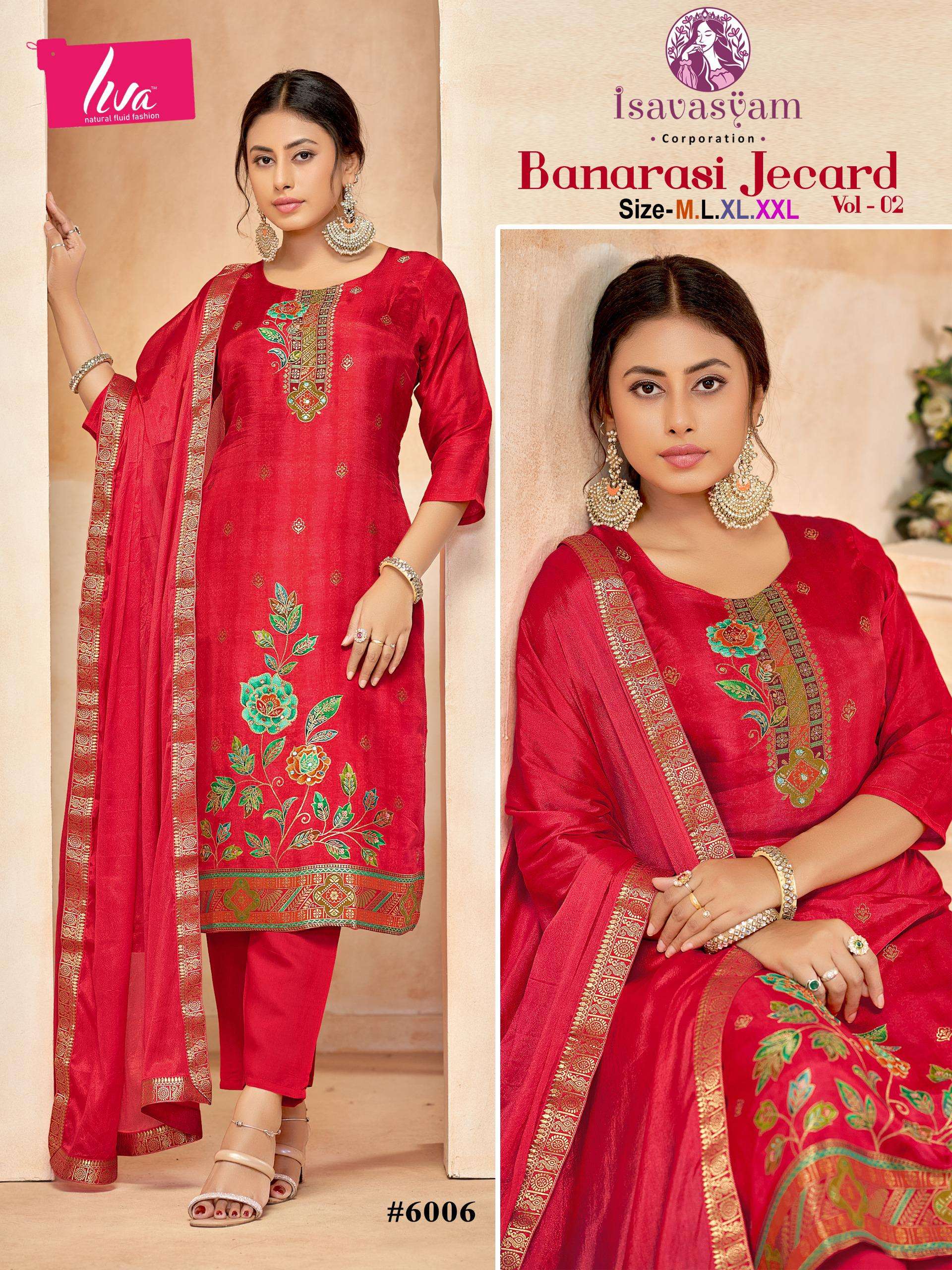 banarasi jecard vol-2 by isavasyam corporation 6001-6006 series pure dola silk salwar suits catalogue online wholesaler surat 