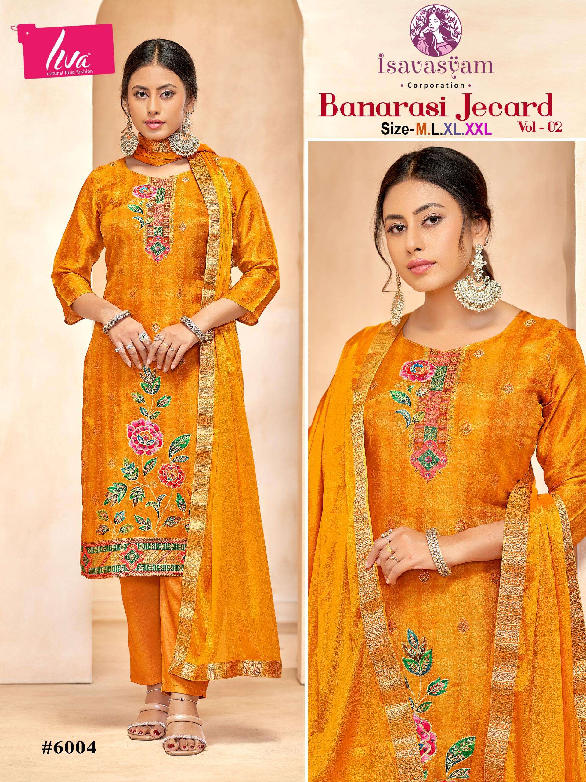 banarasi jecard vol-2 by isavasyam corporation 6001-6006 series pure dola silk salwar suits catalogue online wholesaler surat 