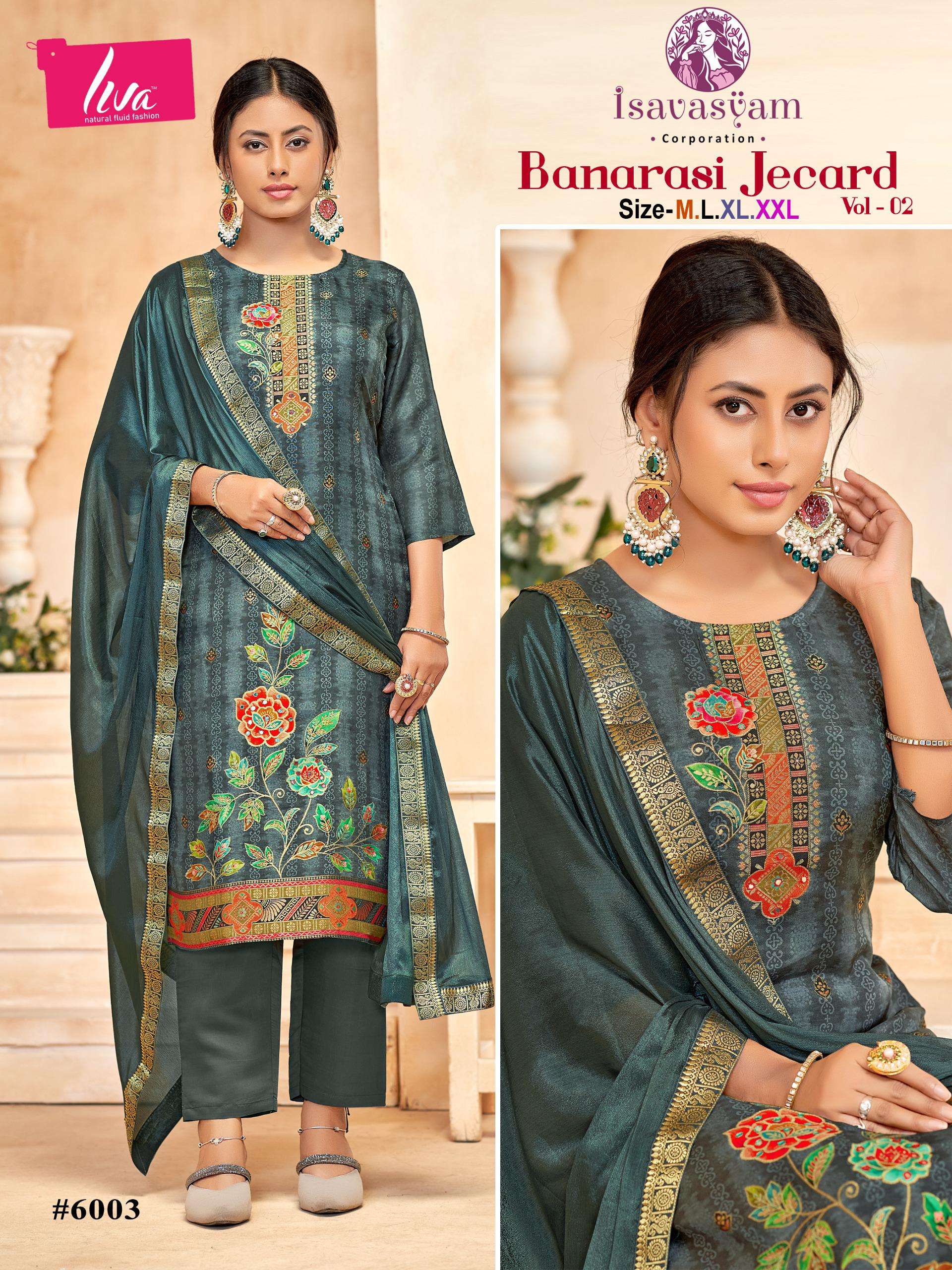 banarasi jecard vol-2 by isavasyam corporation 6001-6006 series pure dola silk salwar suits catalogue online wholesaler surat 