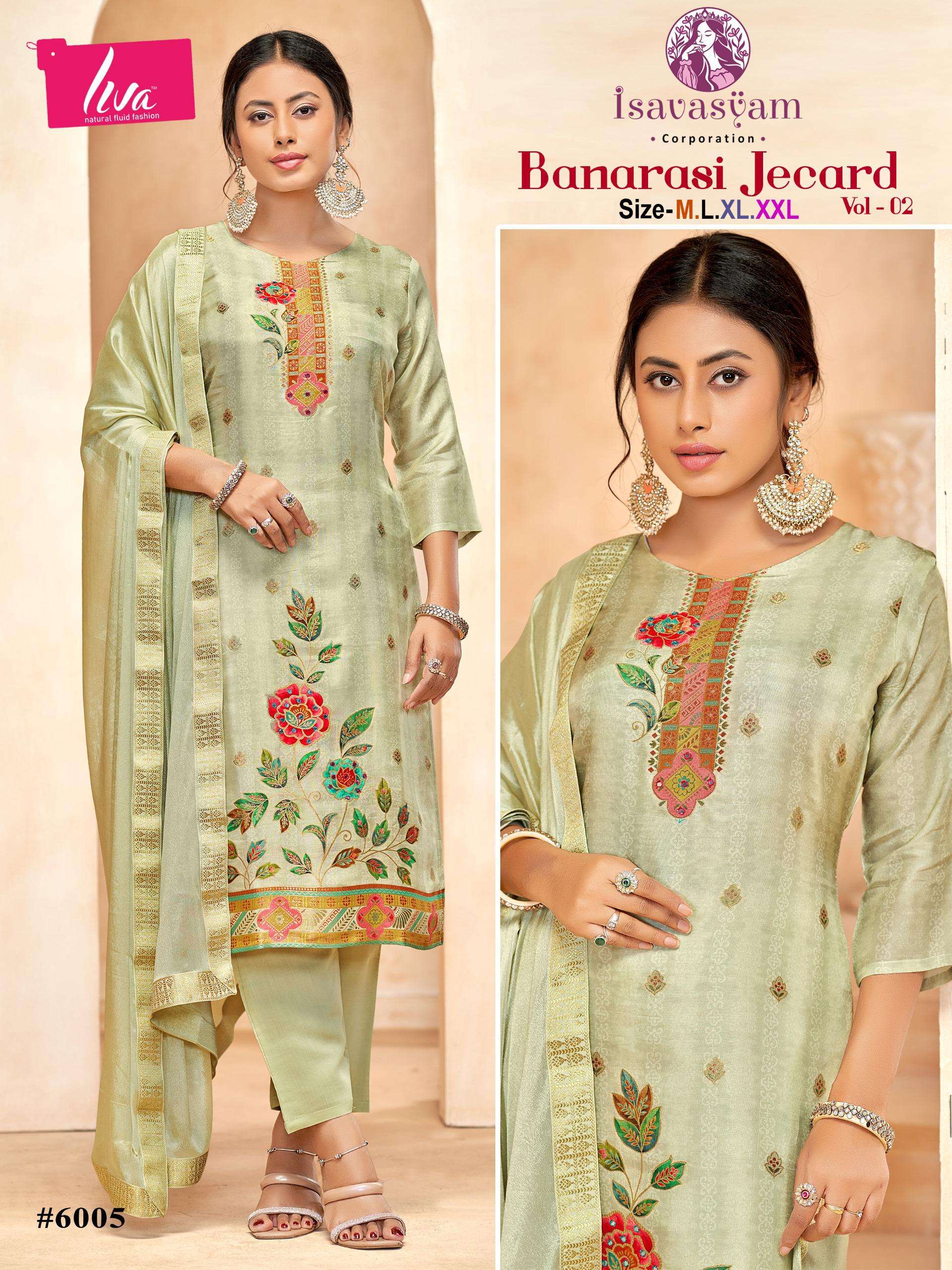 banarasi jecard vol-2 by isavasyam corporation 6001-6006 series pure dola silk salwar suits catalogue online wholesaler surat 