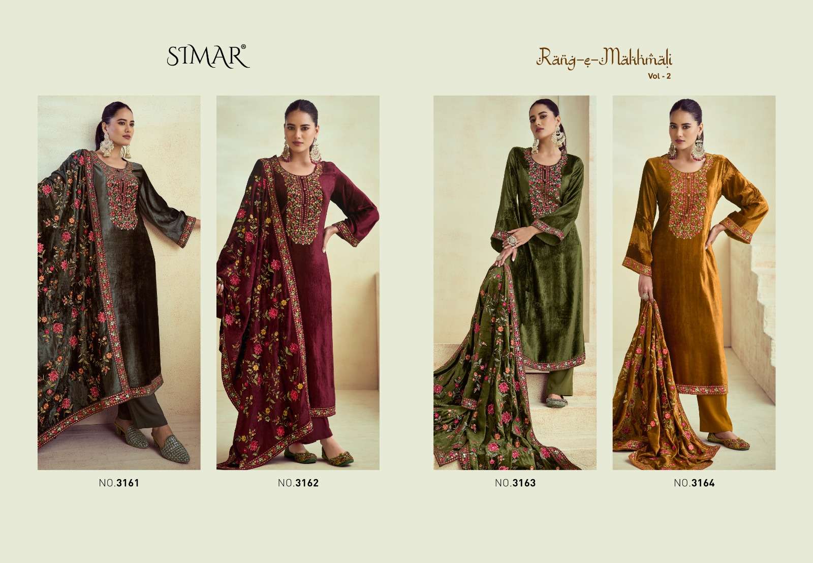 glossy simar rang e makhmali vol 2 3161-3164 series viscose velvet designer salwar kameez catalogue wholesale price surat