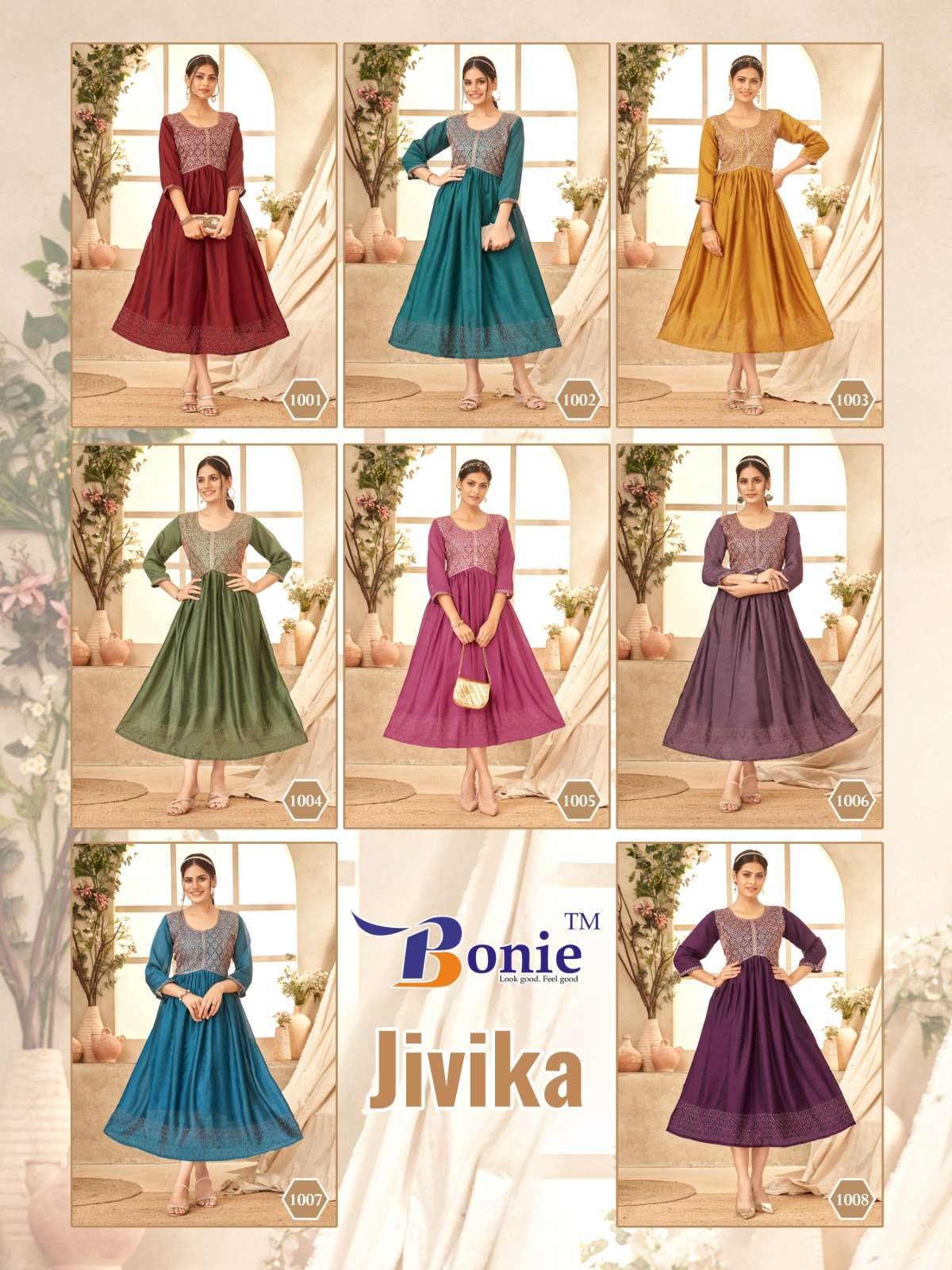 jivika by bonie 1001-1008 series fancy ghera kurtis catalogue wholesale rate surat gujarat 