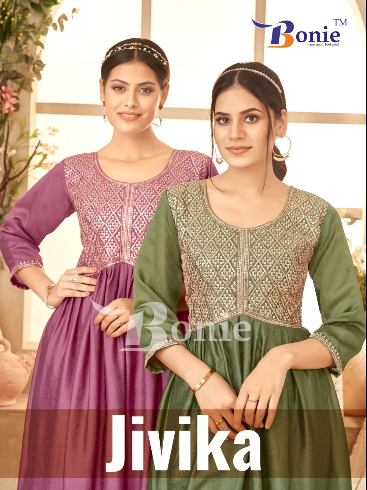 jivika by bonie 1001-1008 series fancy ghera kurtis catalogue wholesale rate surat gujarat 