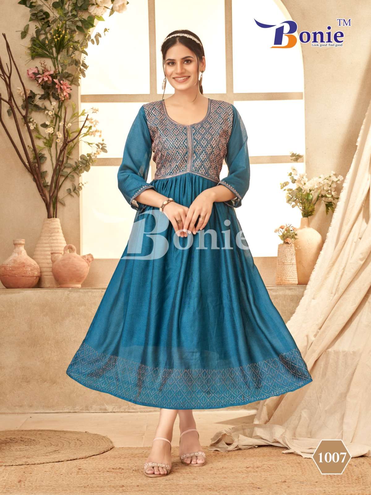 jivika by bonie 1001-1008 series fancy ghera kurtis catalogue wholesale rate surat gujarat 