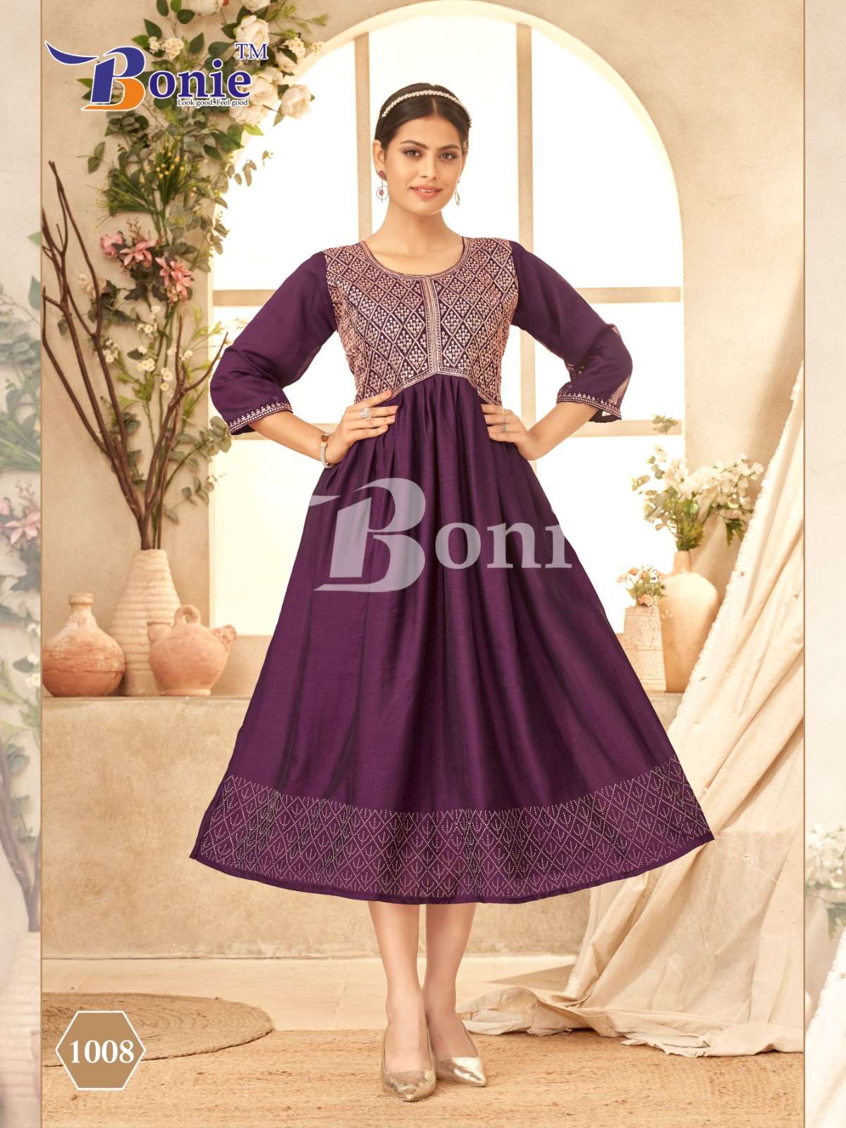 jivika by bonie 1001-1008 series fancy ghera kurtis catalogue wholesale rate surat gujarat 