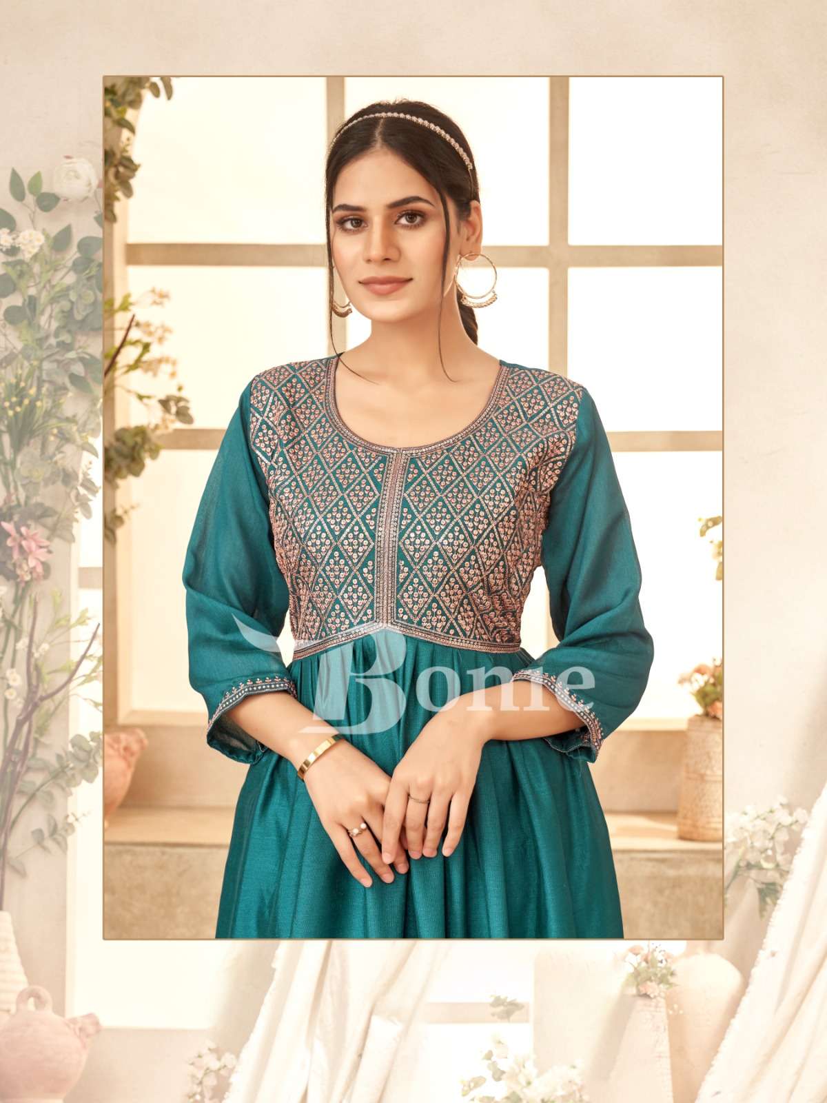 jivika by bonie 1001-1008 series fancy ghera kurtis catalogue wholesale rate surat gujarat 