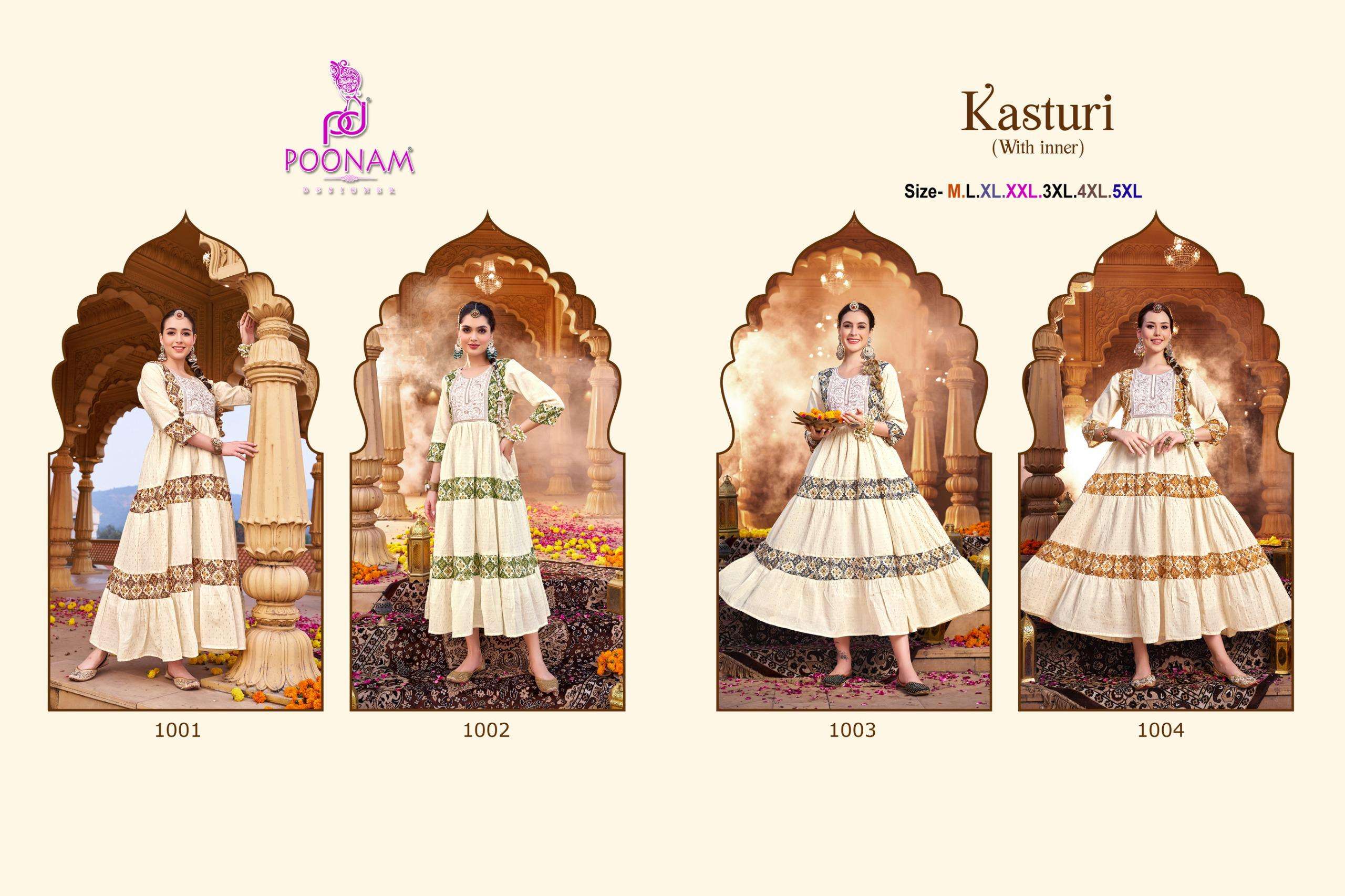 kasturi by poonam designer 1001-1004 series fancy look gown style designer kurtis catalogue online wholesale surat 