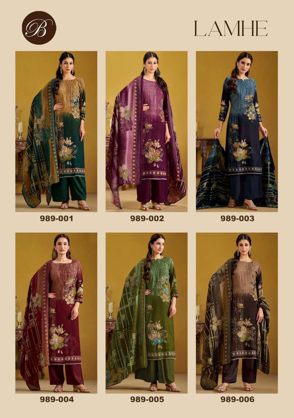 lamhe by belliza designer studio exclusive designer viscose rayon suits catalogue wholesale textile market surat