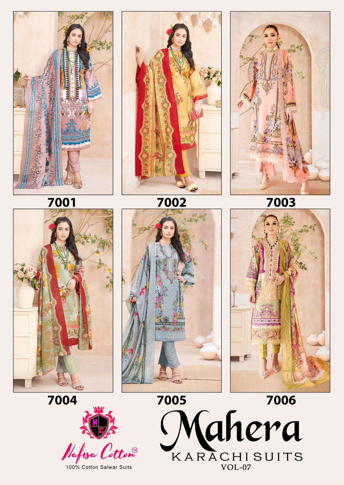 mahera karachi suits vol-7 by nafisa cotton 7001-7006 series unstich soft cotton pakistani suits catalogue surat 