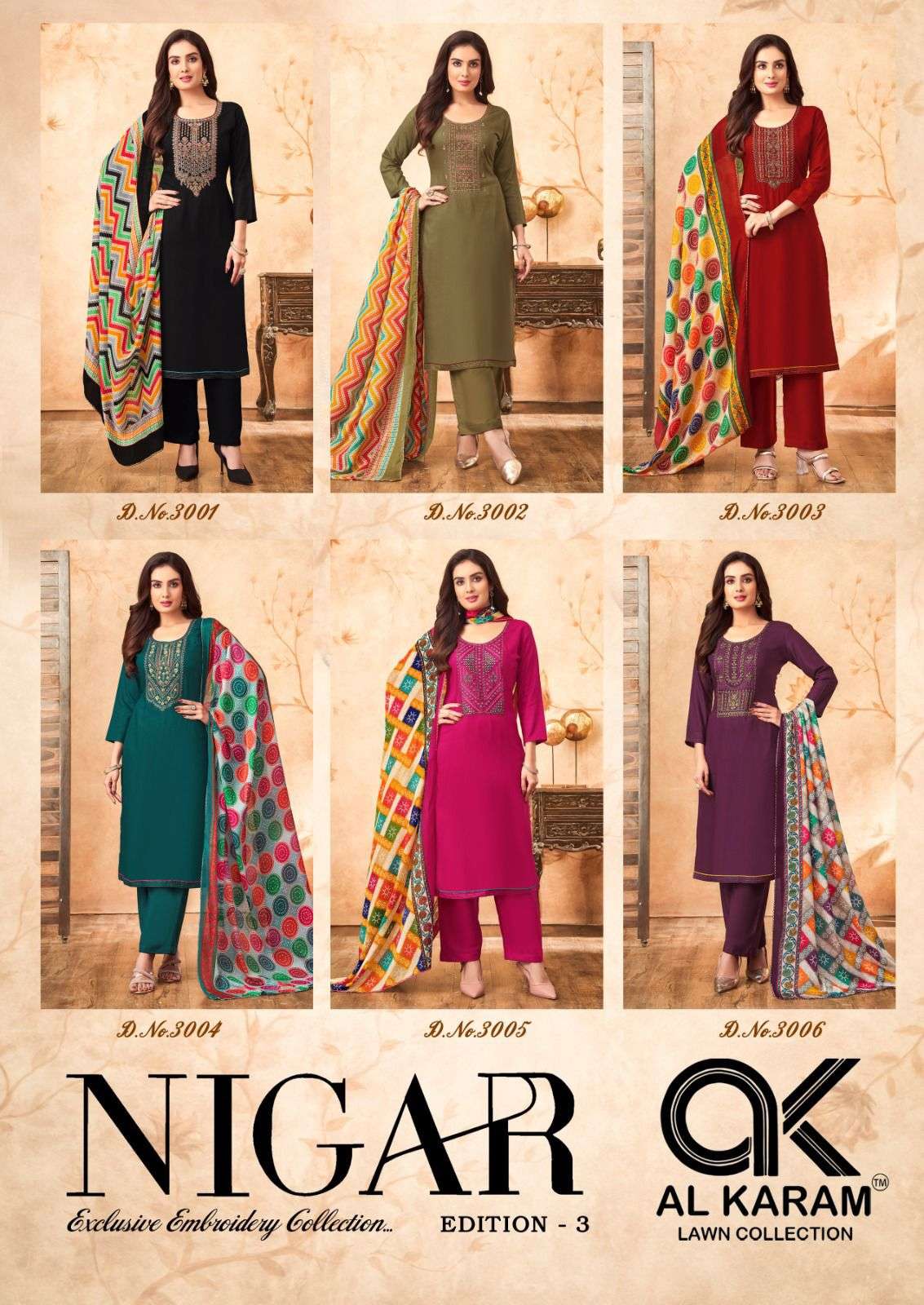 nigar edition vol-3 by al karam 3001-3006 series unstich salwar kameez catalogue latest design 2024