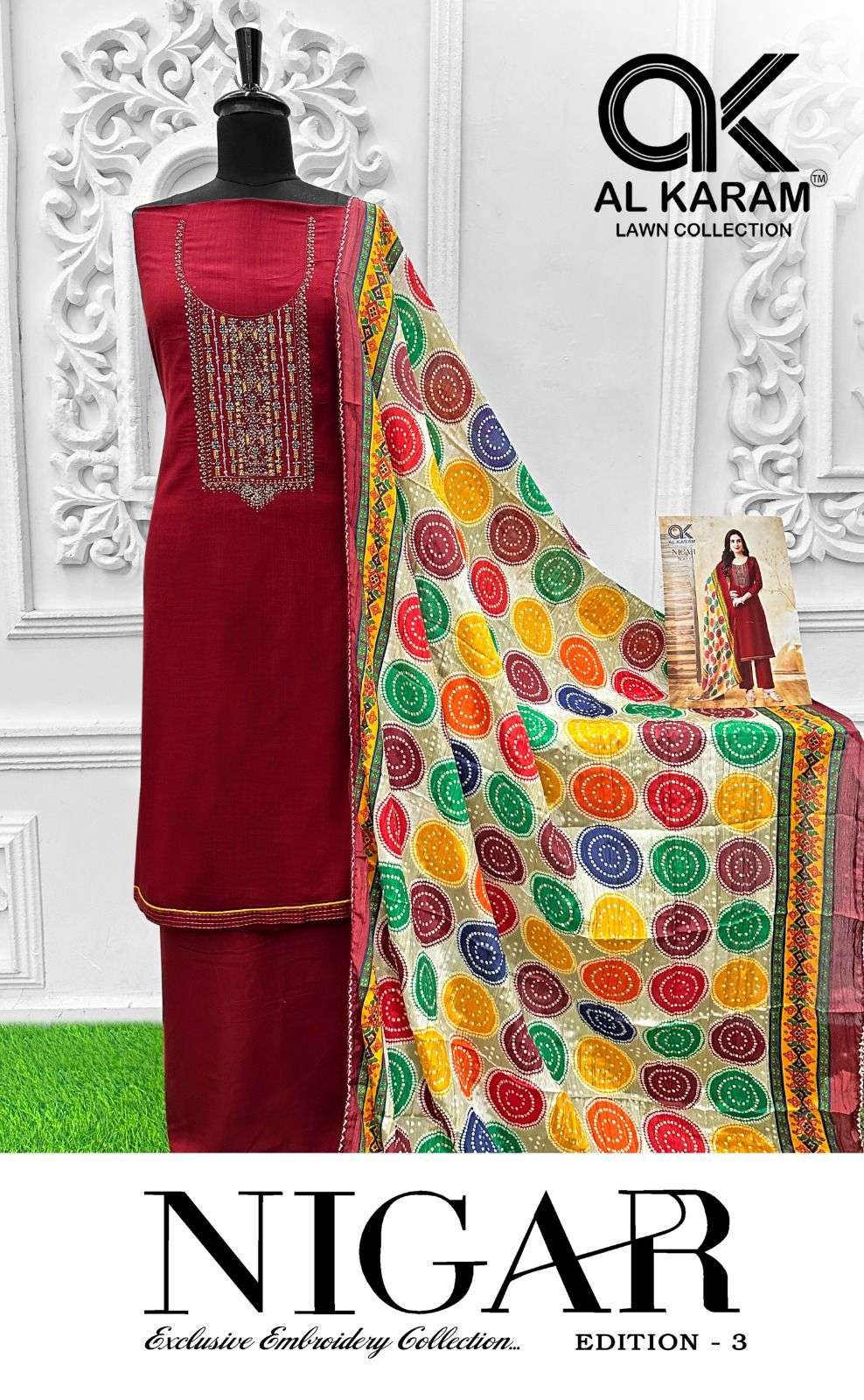 nigar edition vol-3 by al karam 3001-3006 series unstich salwar kameez catalogue latest design 2024