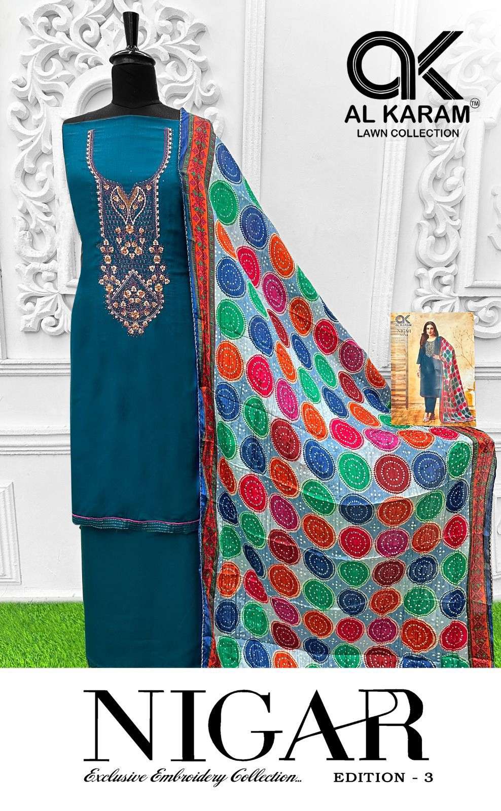 nigar edition vol-3 by al karam 3001-3006 series unstich salwar kameez catalogue latest design 2024